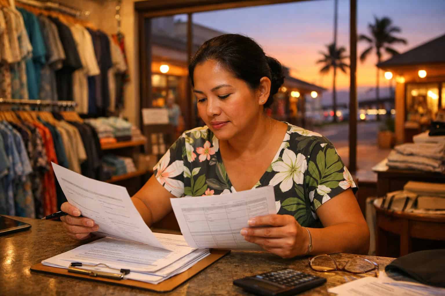 Hawaii small business owner reviewing PHCA employee health insurance enrollment requirements at her Maui retail shop 2026
