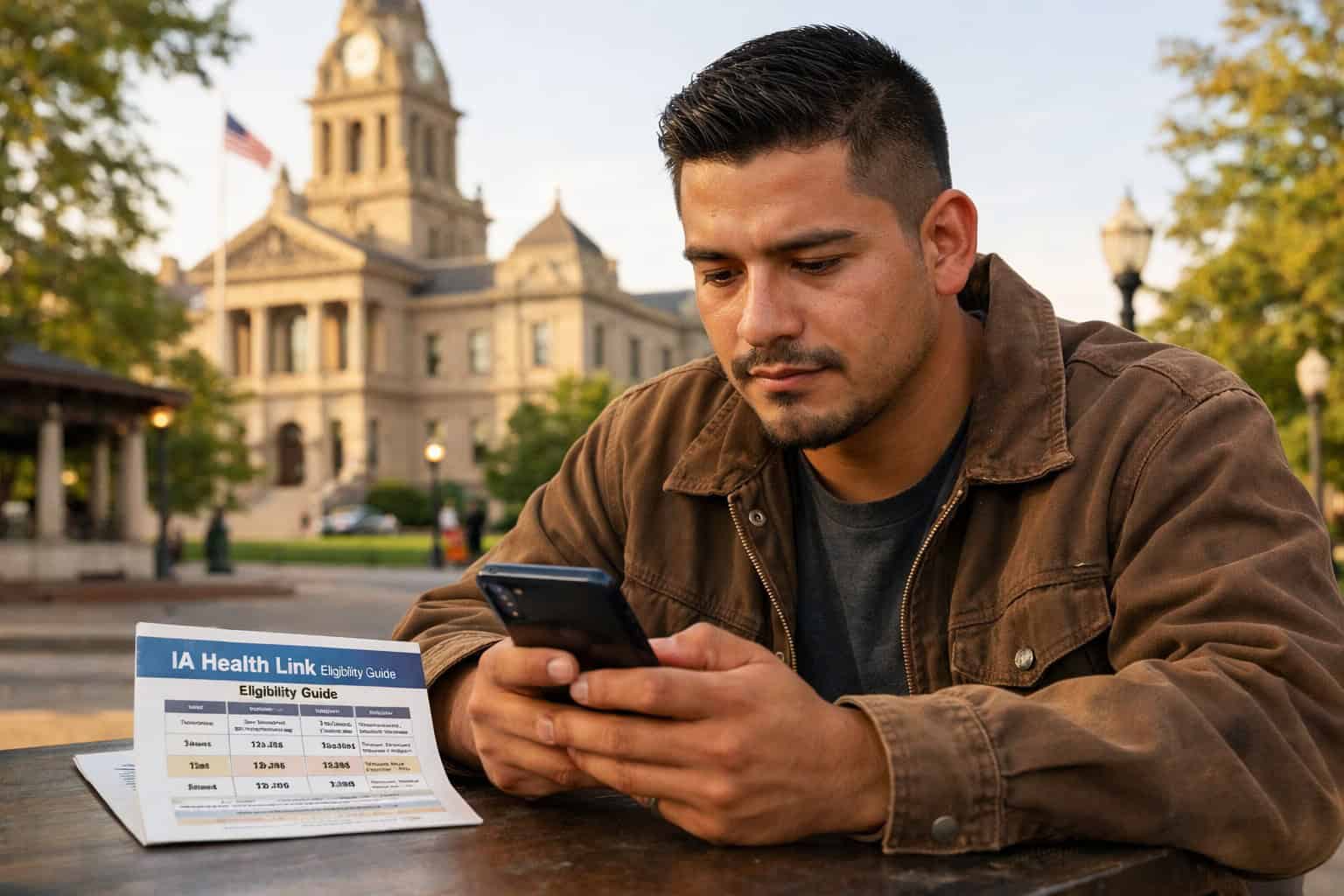 Iowa resident reviewing health insurance options on smartphone in a Marshalltown living room