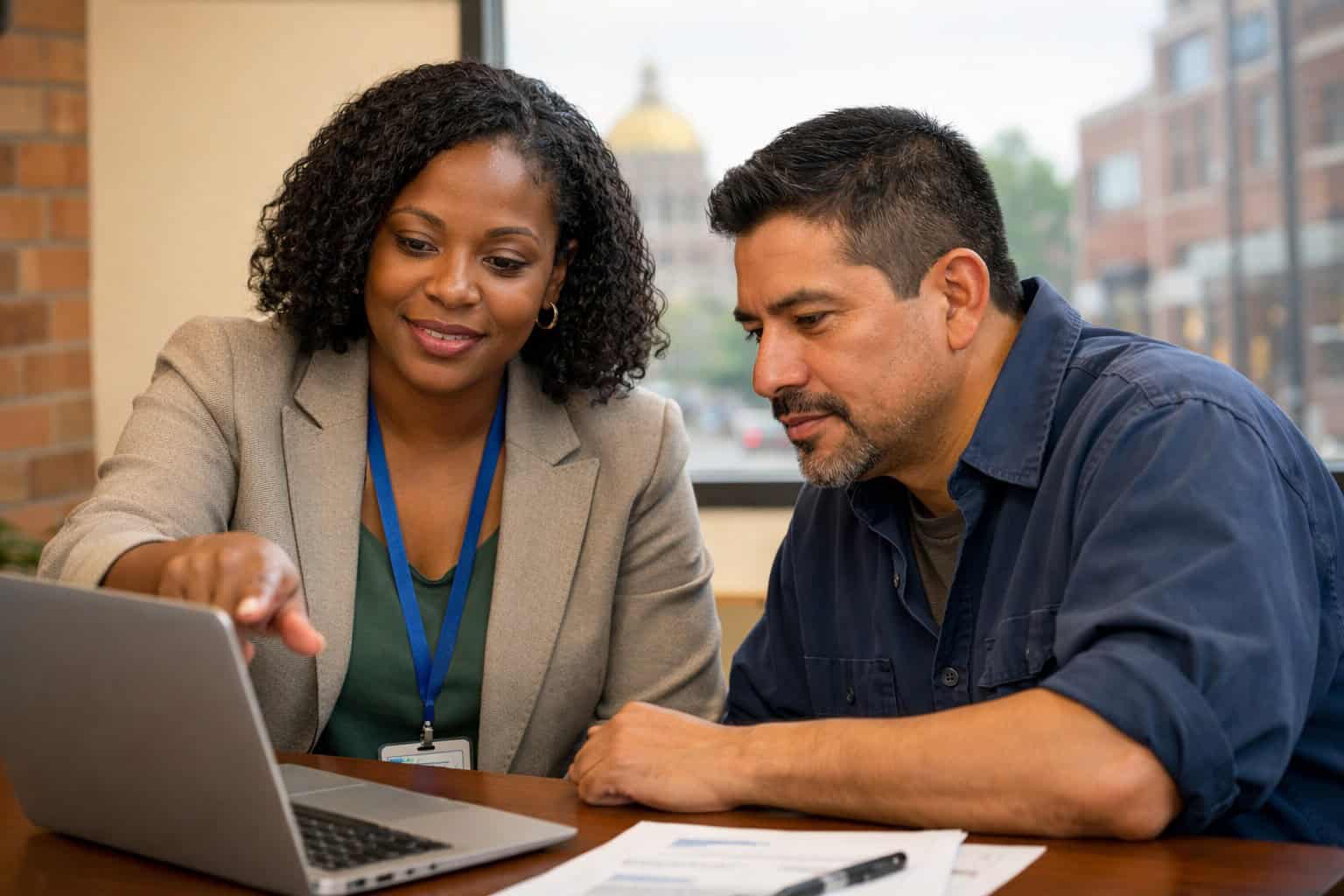 Iowa navigator helping a Des Moines resident enroll in 2026 marketplace health insurance through HealthCare.gov