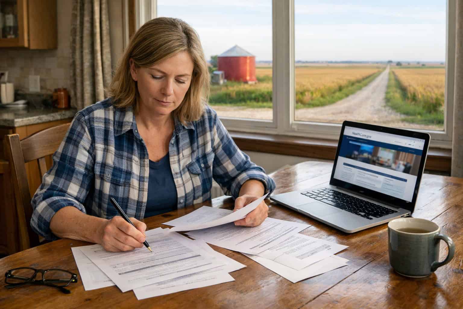 Iowa resident reviewing 2026 health insurance plans at a farmhouse kitchen table, Iowa farmland visible through the window