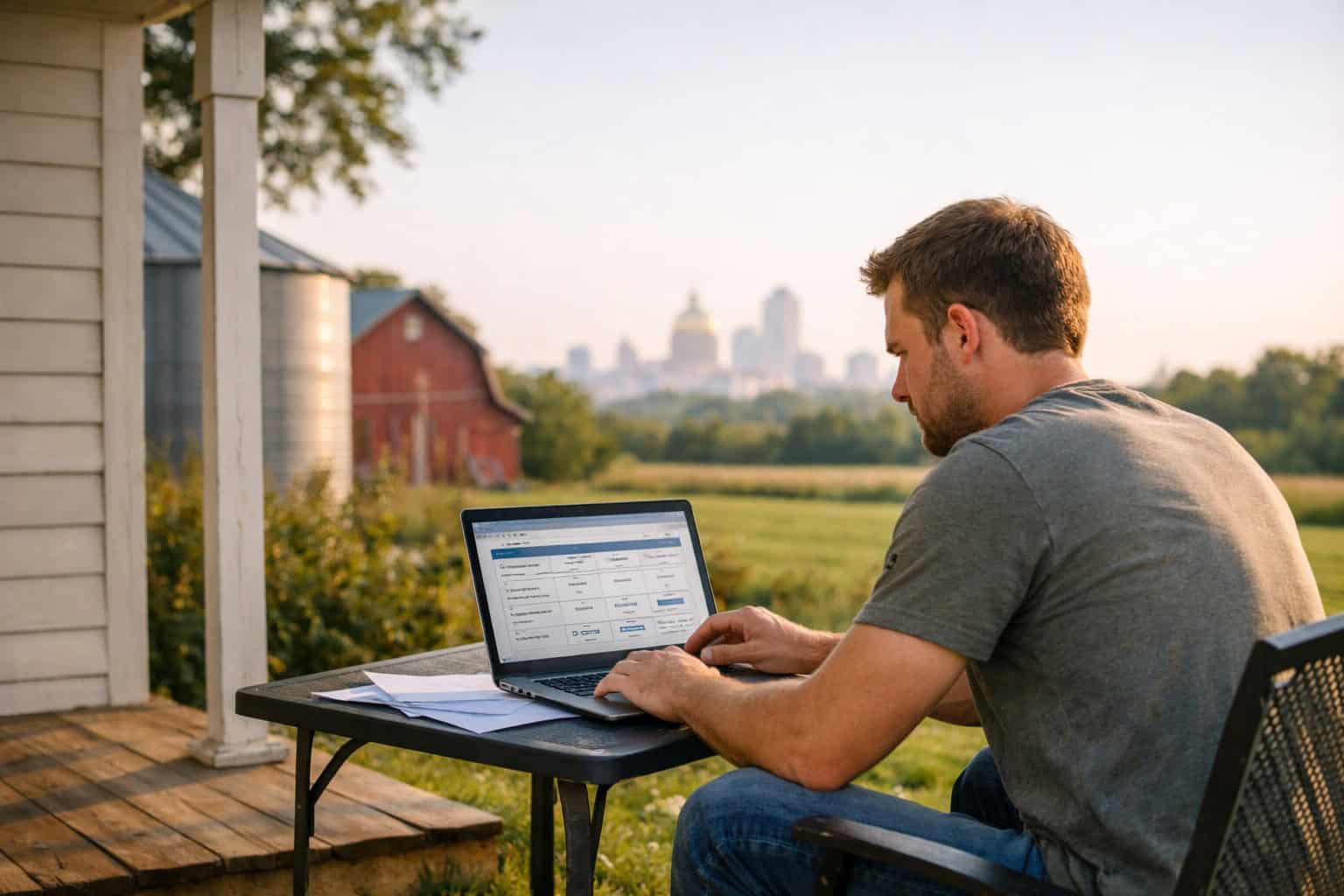 Iowa resident reviewing short-term health insurance plan options on a laptop on his rural Iowa farmhouse porch