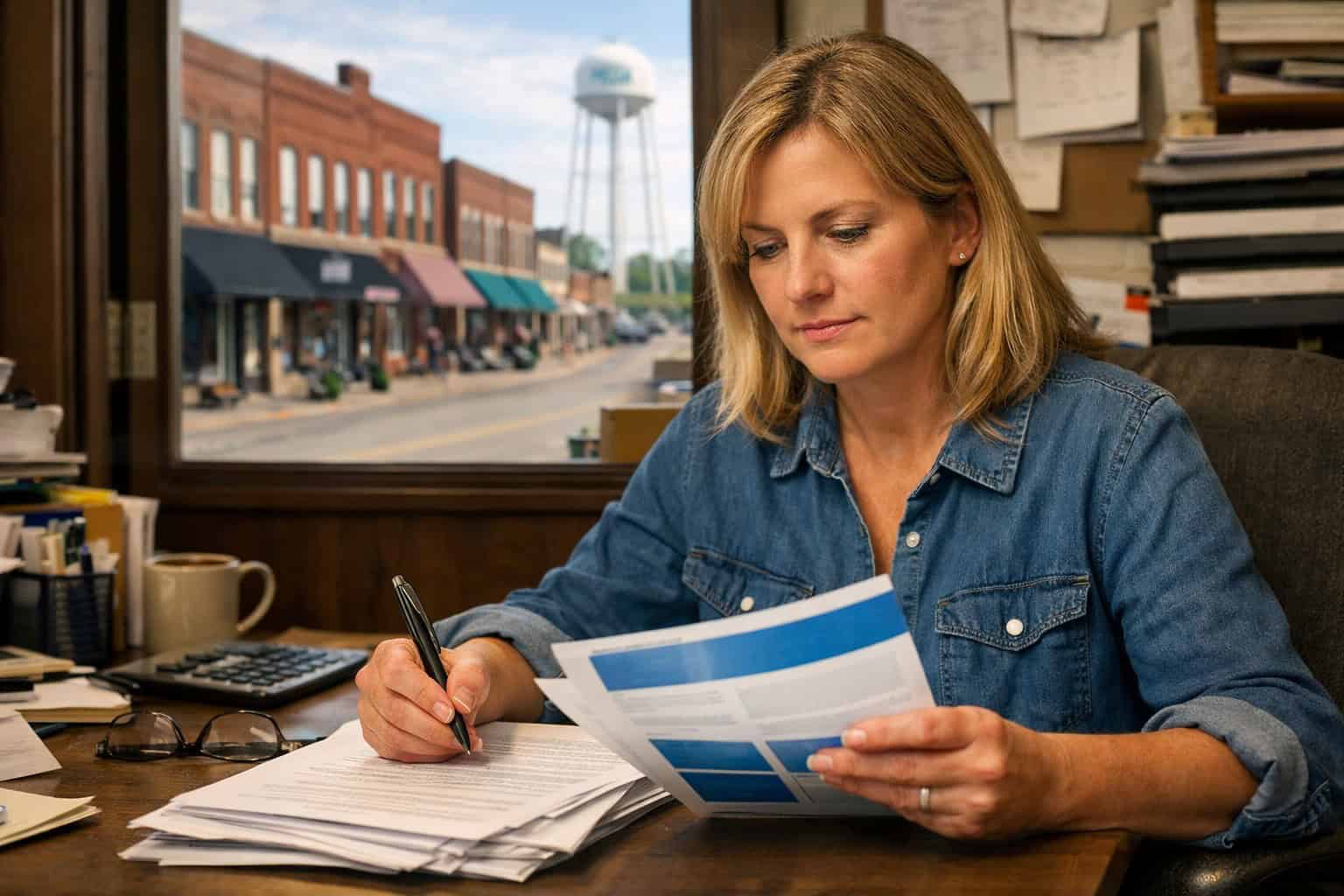 Iowa small business owner reviewing Wellmark group health insurance plan options at his desk in Pella