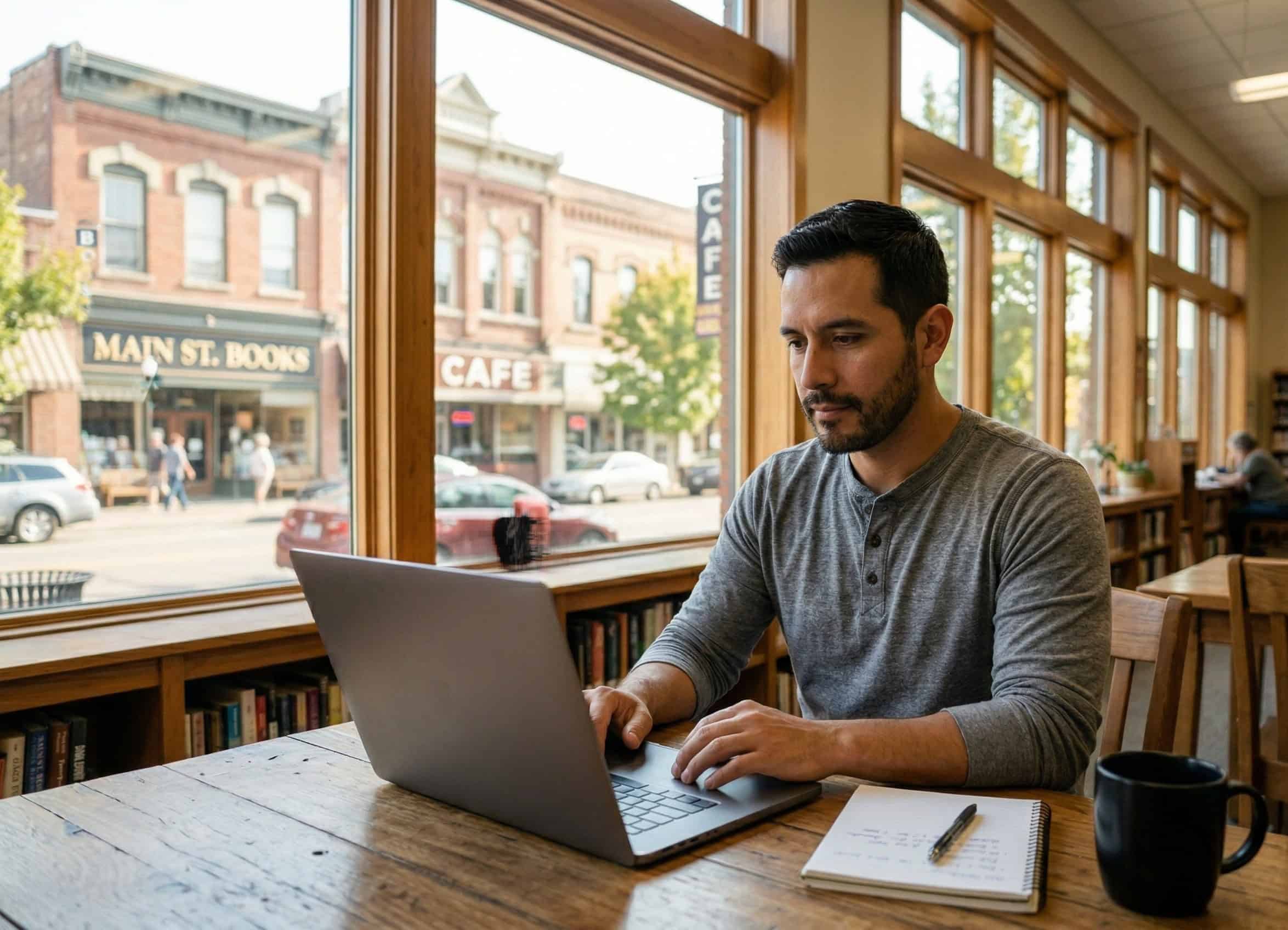 Idaho resident comparing affordable health insurance options on a laptop at a Twin Falls public library