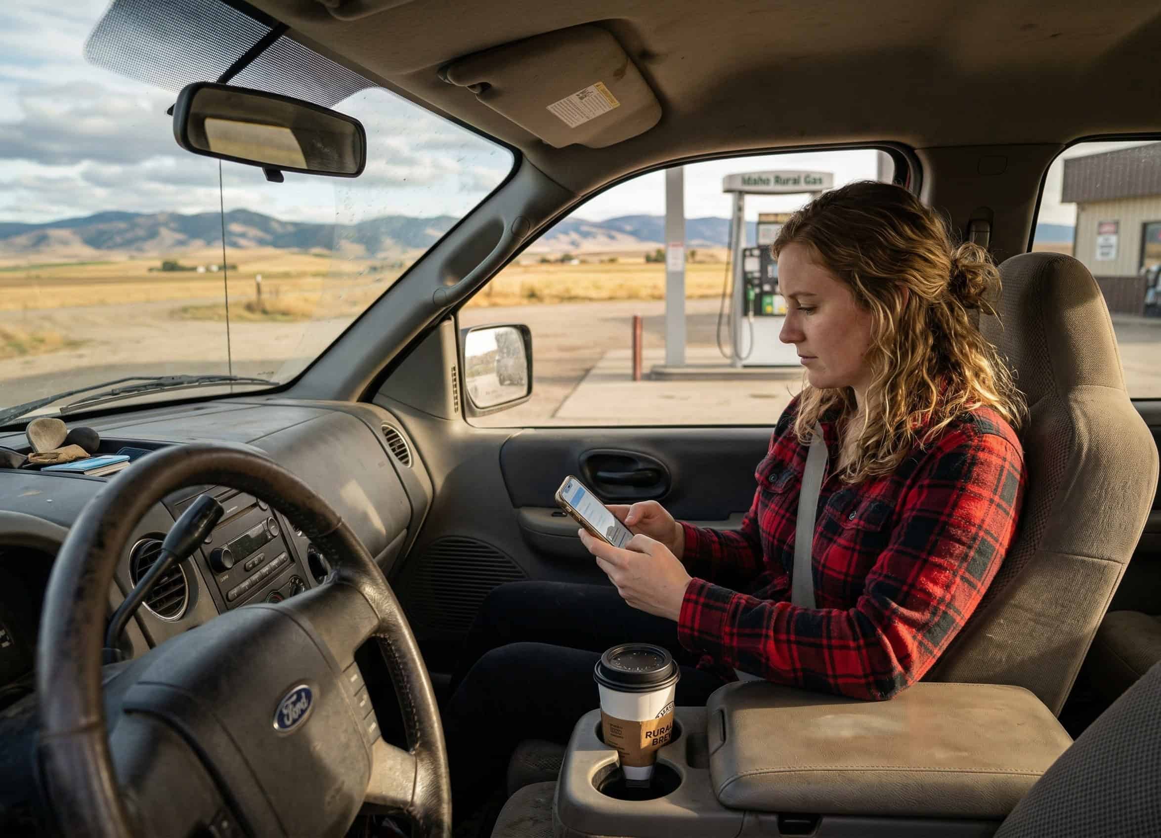 Idaho resident reviewing health insurance options on Your Health Idaho from a parked vehicle in rural Idaho
