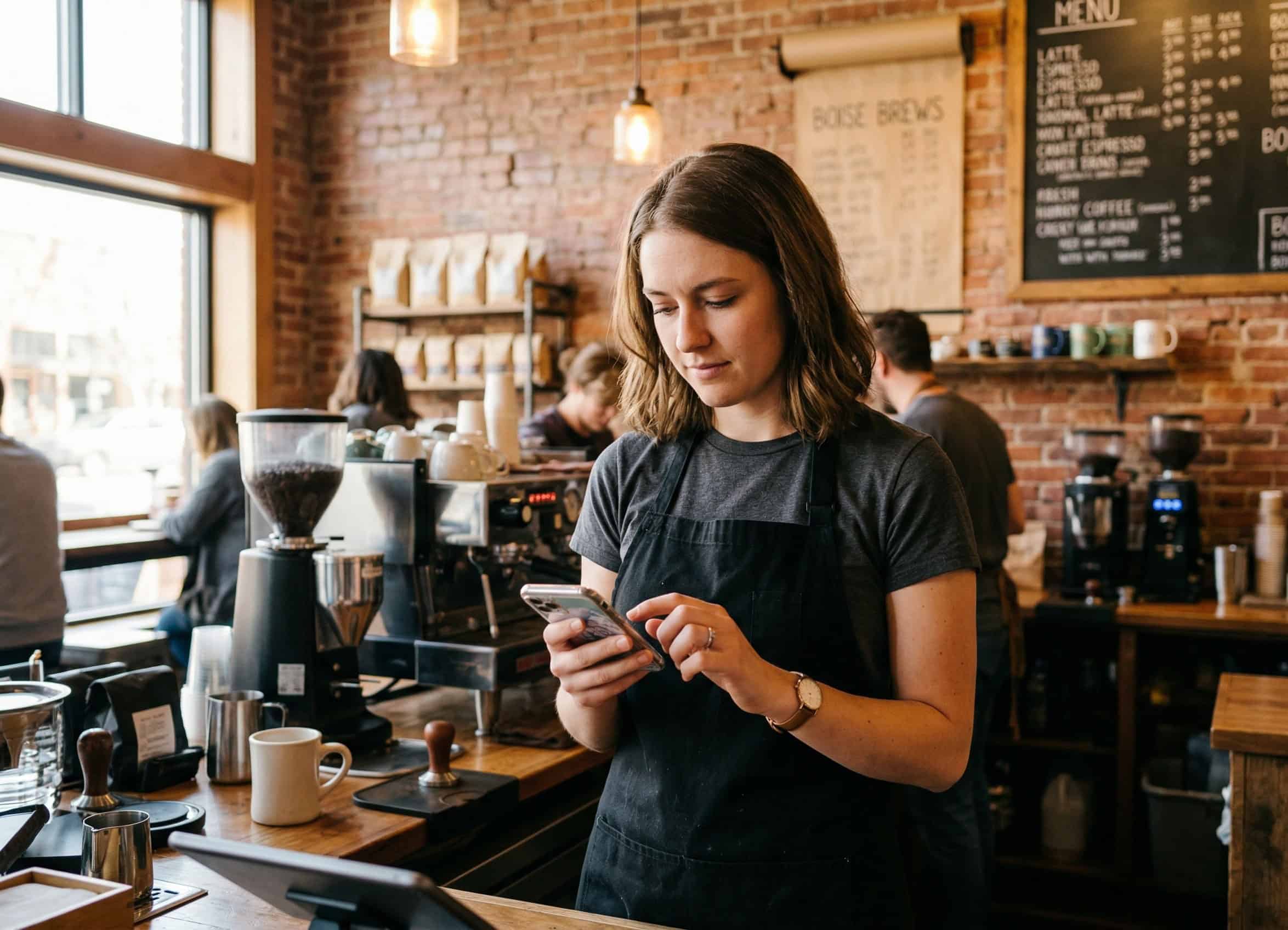Idaho coffee shop worker reviewing short-term health insurance options on her phone during a break in Boise