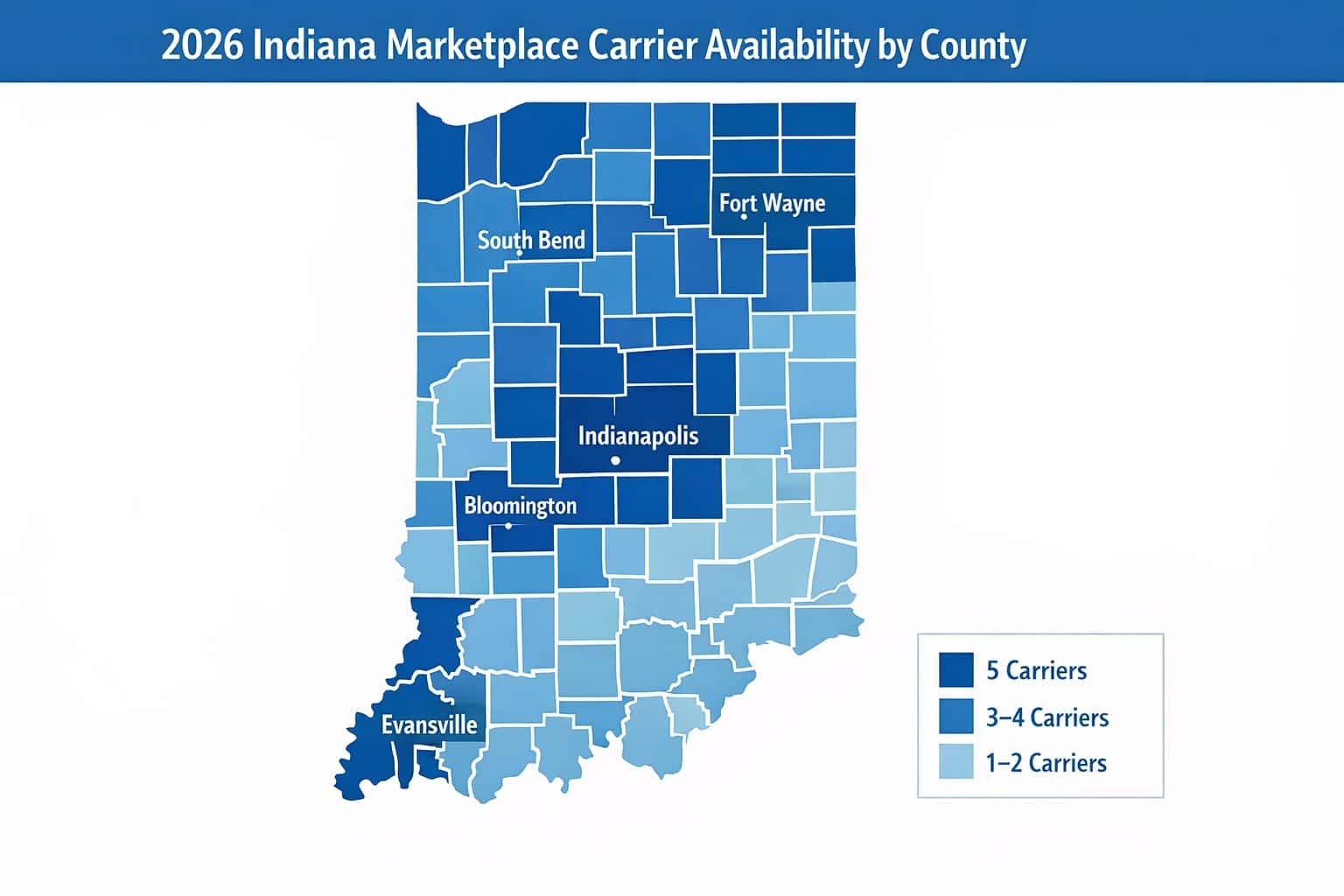  2026 Indiana marketplace carrier availability map by county: Indianapolis metro, Fort Wayne, and Evansville have the most carrier options