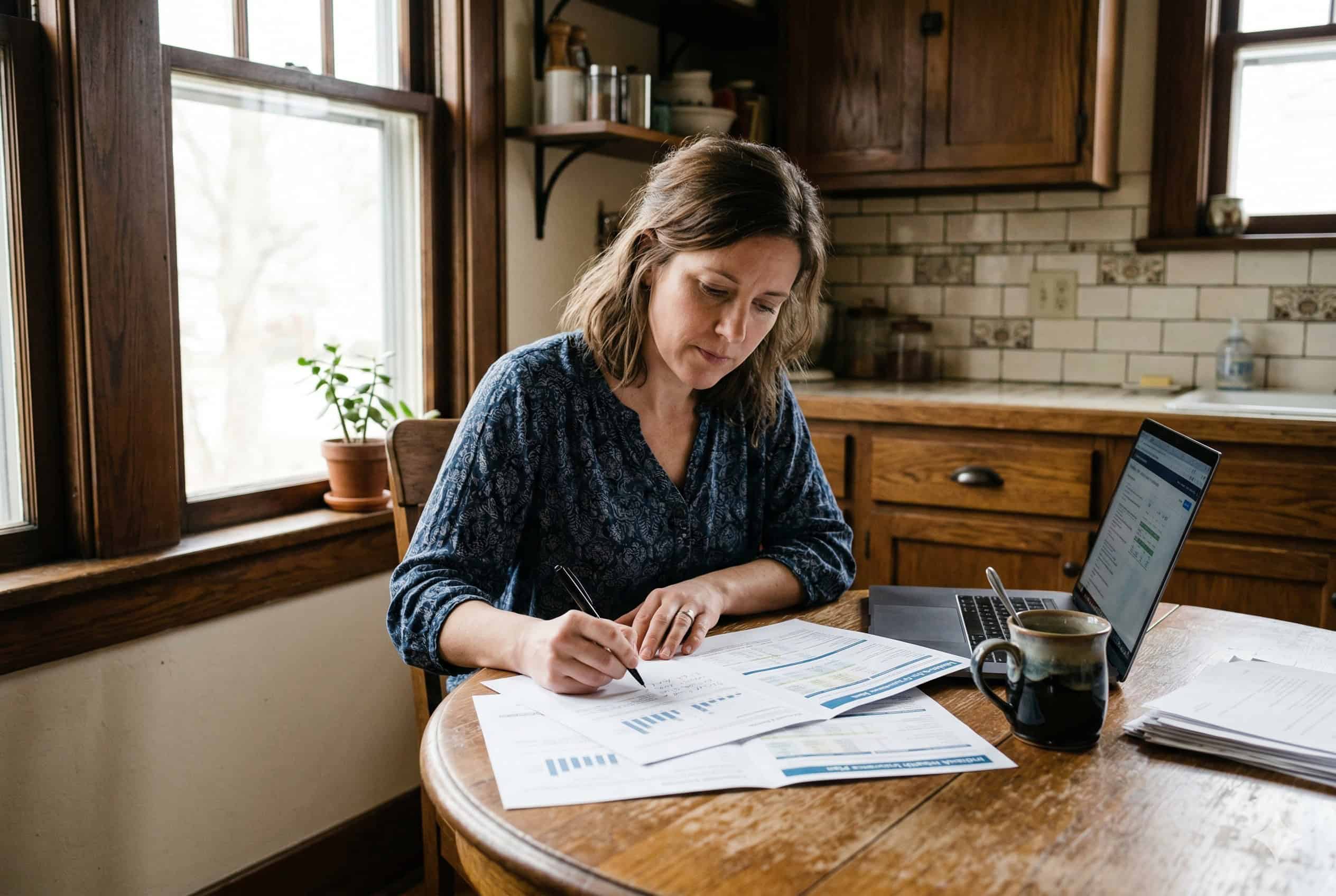 Indiana resident reviewing 2026 health insurance plans at her kitchen table in an Indianapolis craftsman bungalow