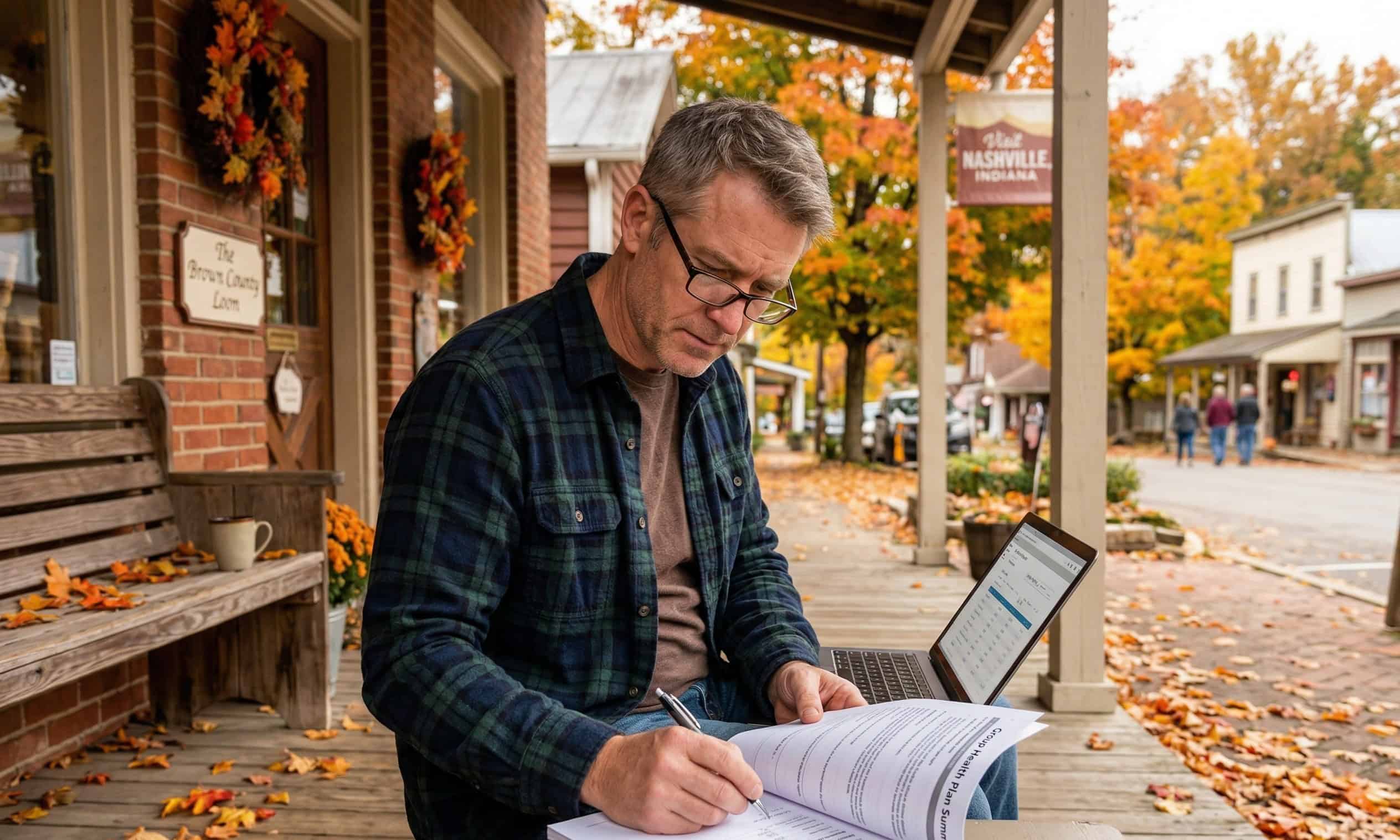 Indiana small business owner in Nashville, Indiana reviewing 2026 group health insurance plan options for employees