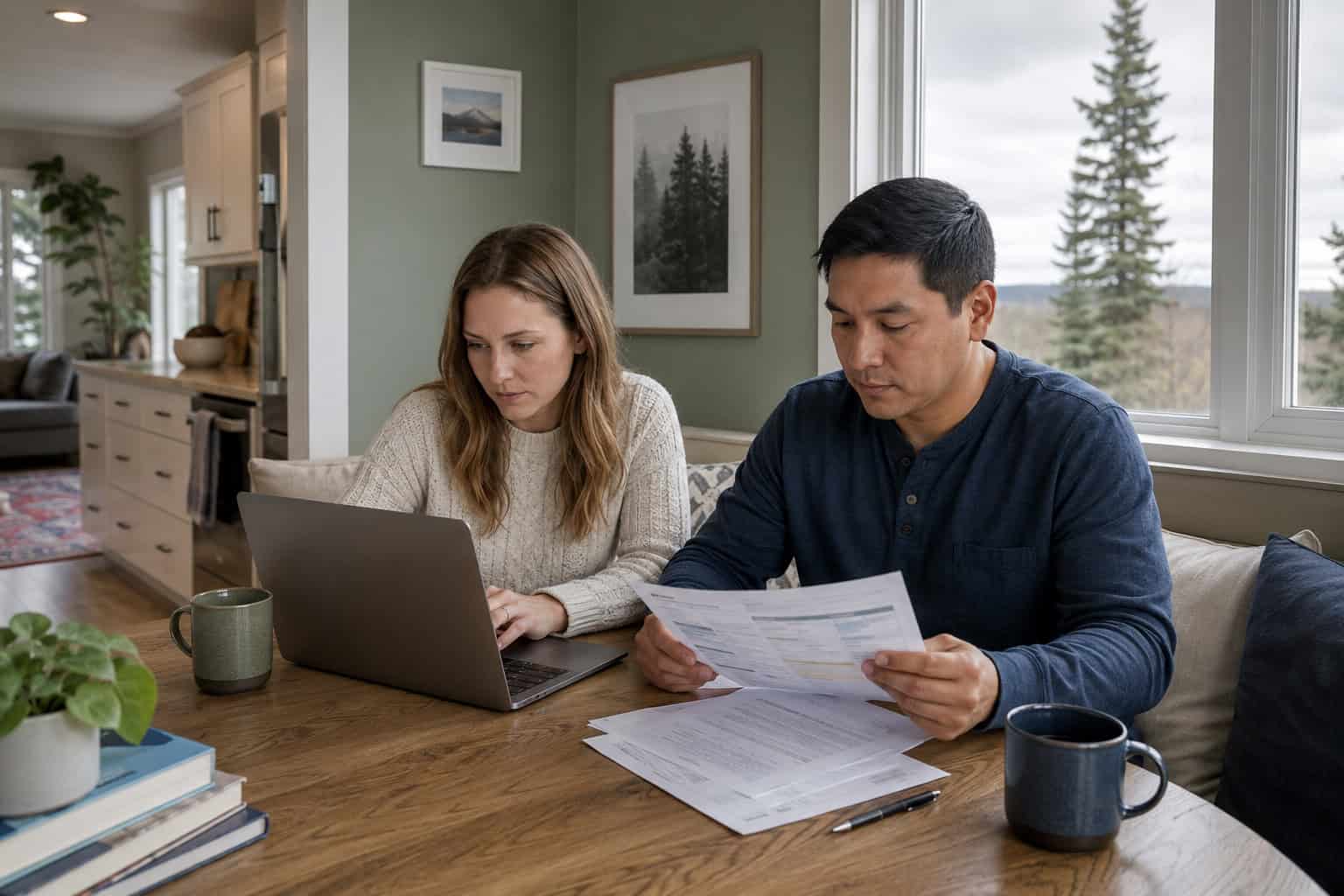 Alaska couple reviewing affordable health insurance subsidy options on a laptop at their kitchen table in Anchorage