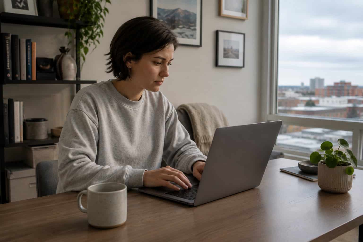 Alt: Alaska resident comparing cheap health insurance plan options on a laptop at a desk in Anchorage