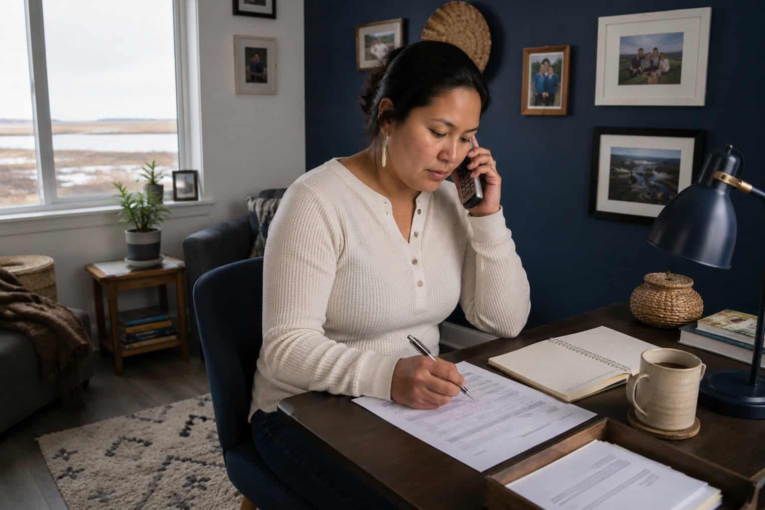 Alaska Native woman enrolling in marketplace coverage by phone from her home in Bethel, Yukon-Kuskokwim Delta
