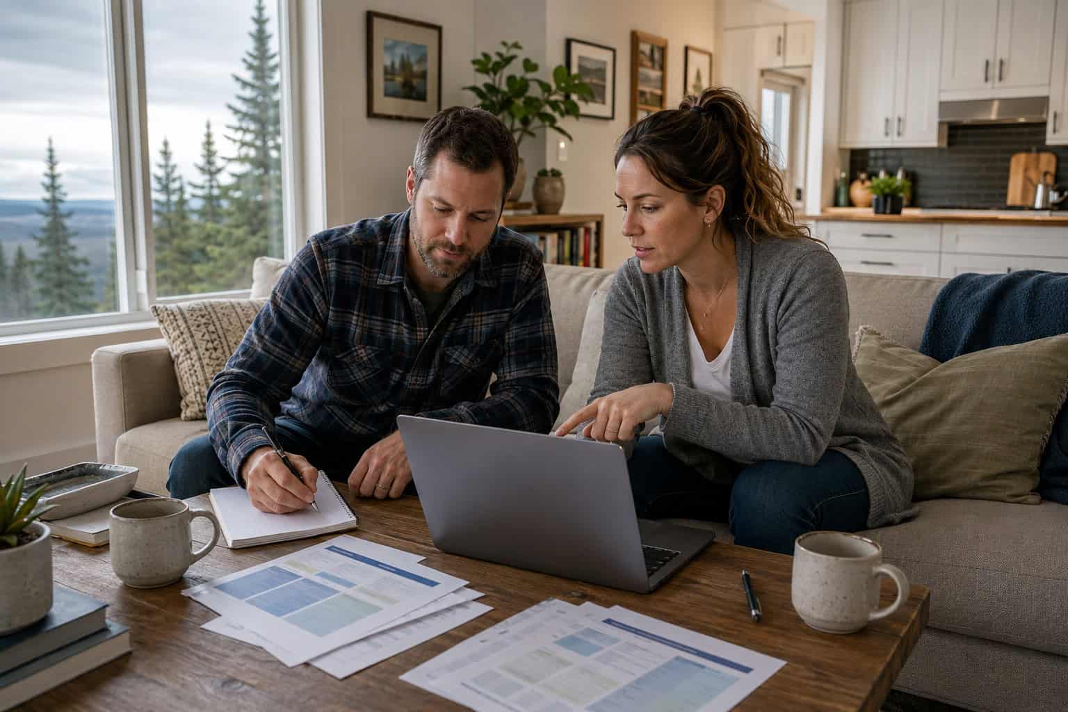 Alaska couple reviewing 2026 Premera and Moda health insurance plan options on a laptop in their Anchorage living room