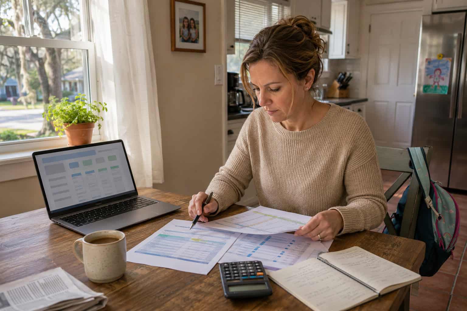 Jacksonville single mother reviewing 2026 Florida marketplace plans and tax credit calculation at kitchen table