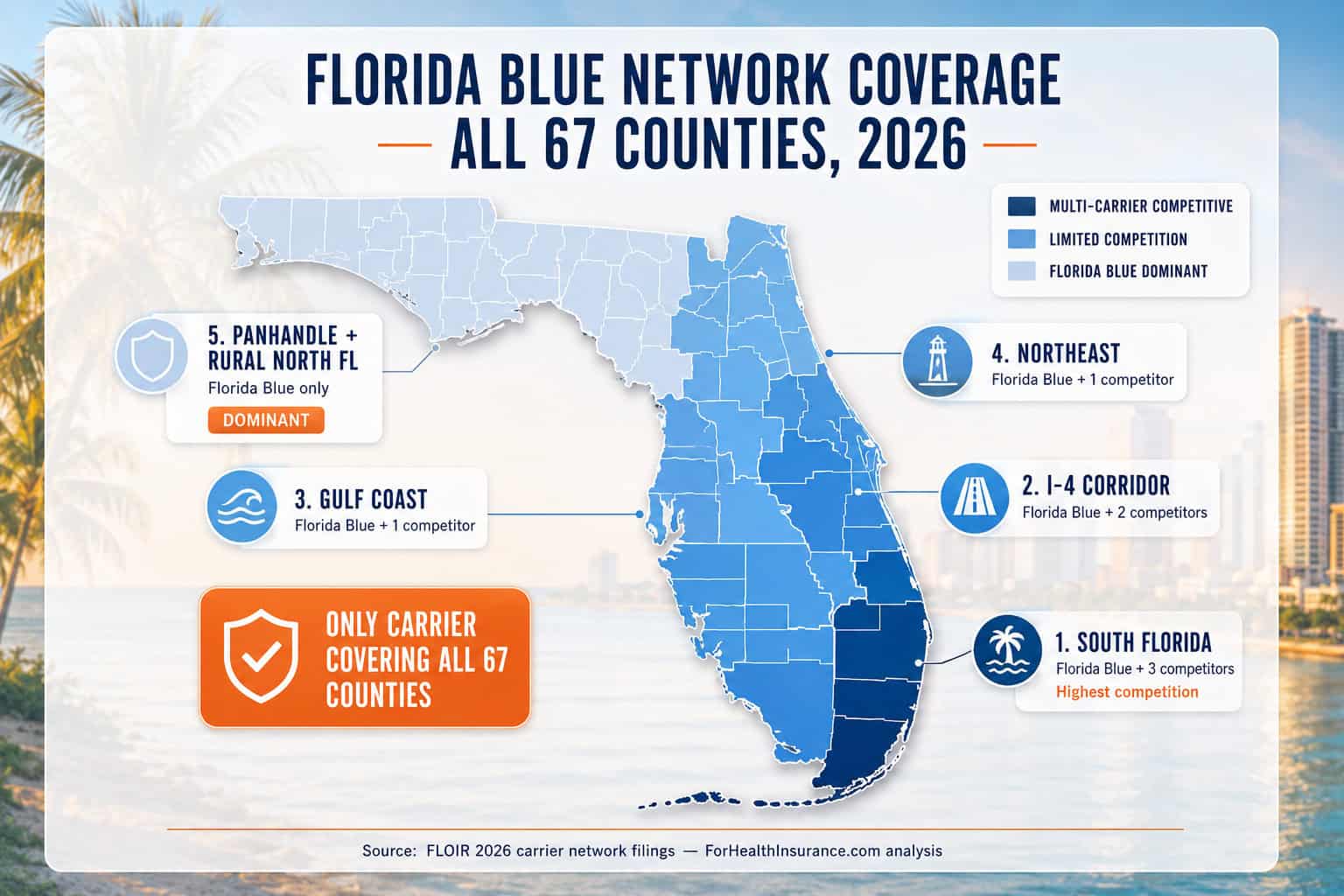 Florida Blue network coverage map showing all 67 Florida counties with carrier comparison by region for 2026