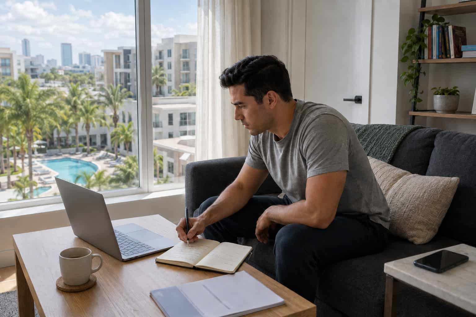 Young Tampa professional reviewing short-term health insurance options on laptop during job transition gap period