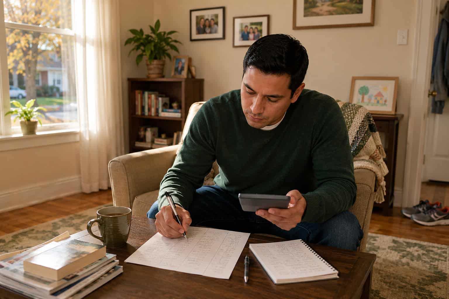 Illinois resident at a Peoria living room desk reviewing 2026 health insurance budget paperwork with a calculator