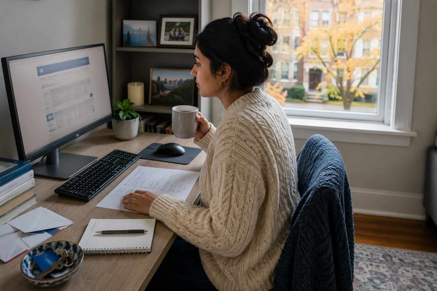 Illinois resident at home desk completing Get Covered Illinois marketplace enrollment on a desktop computer in 2026