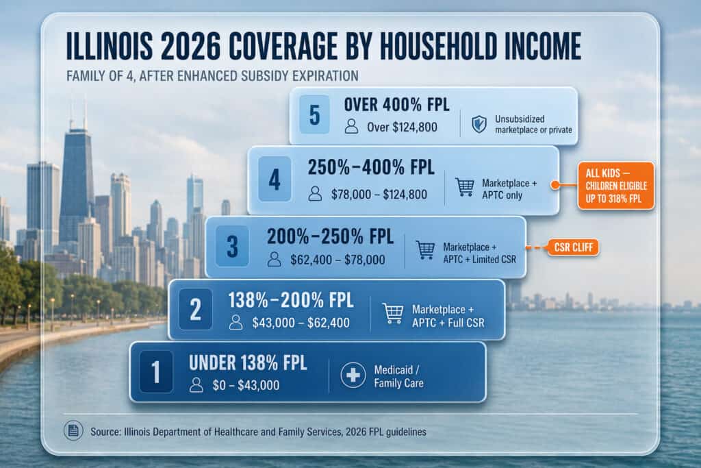 Illinois 2026 subsidy eligibility ladder by income — Medicaid, All Kids, premium tax credits, and CSR thresholds