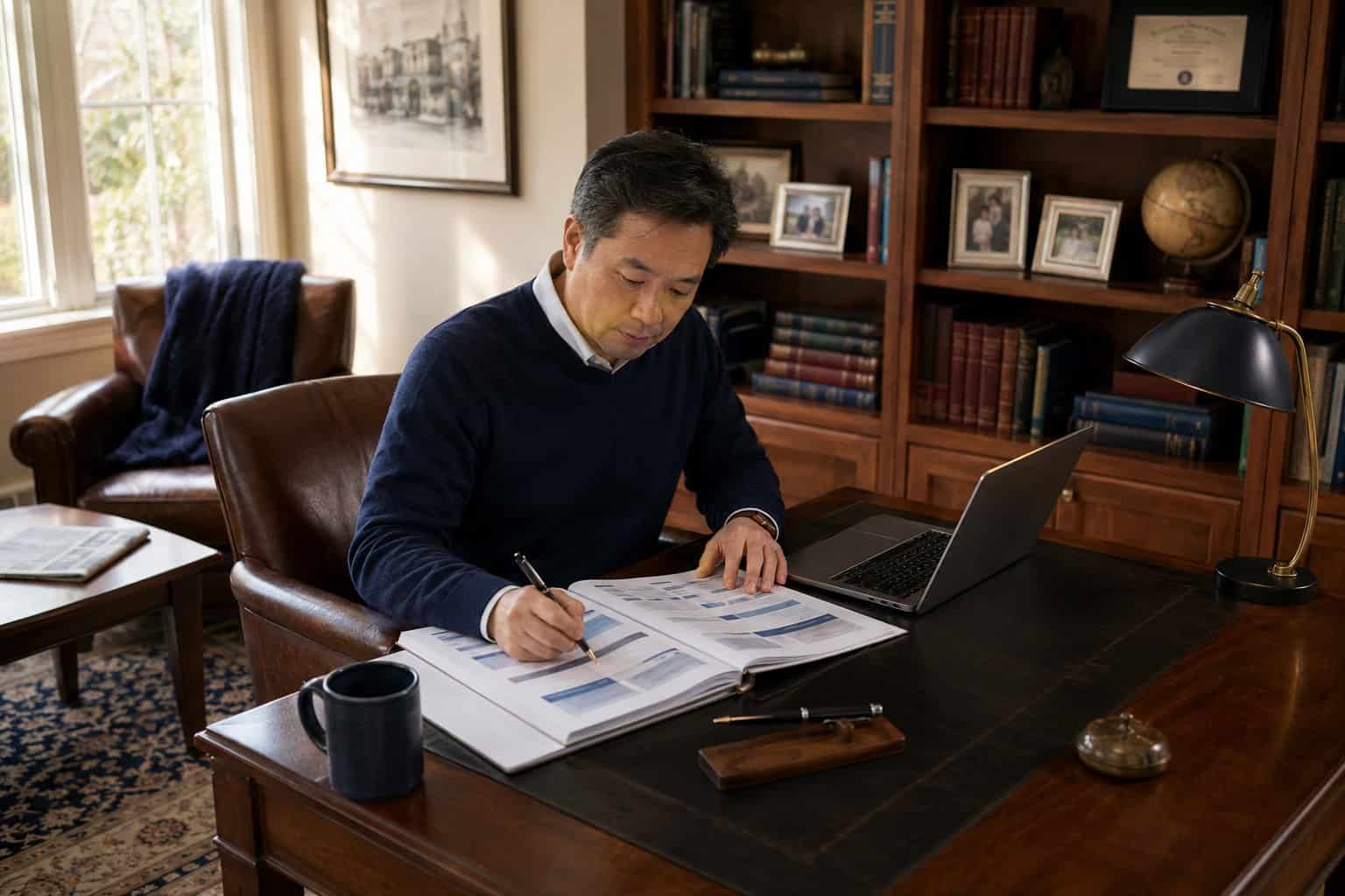  Illinois resident at a Highland Park home office reviewing 2026 private off-exchange medical insurance options