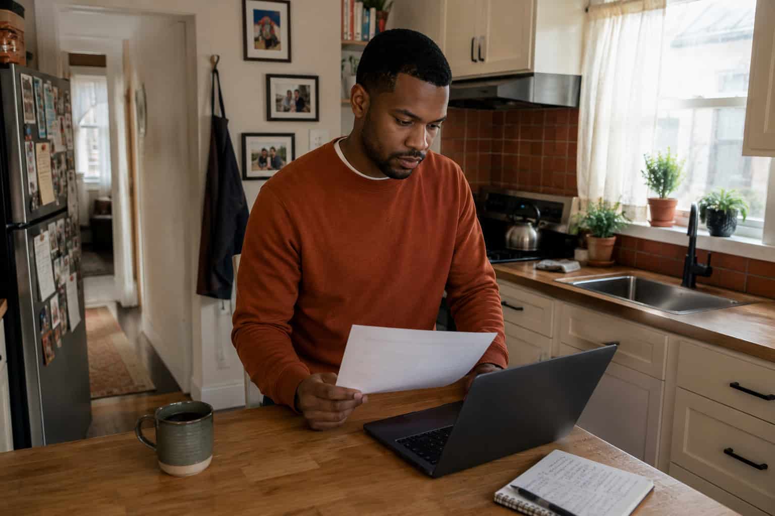  Illinois resident at a Berwyn kitchen counter researching 2026 short-term health insurance options between jobs