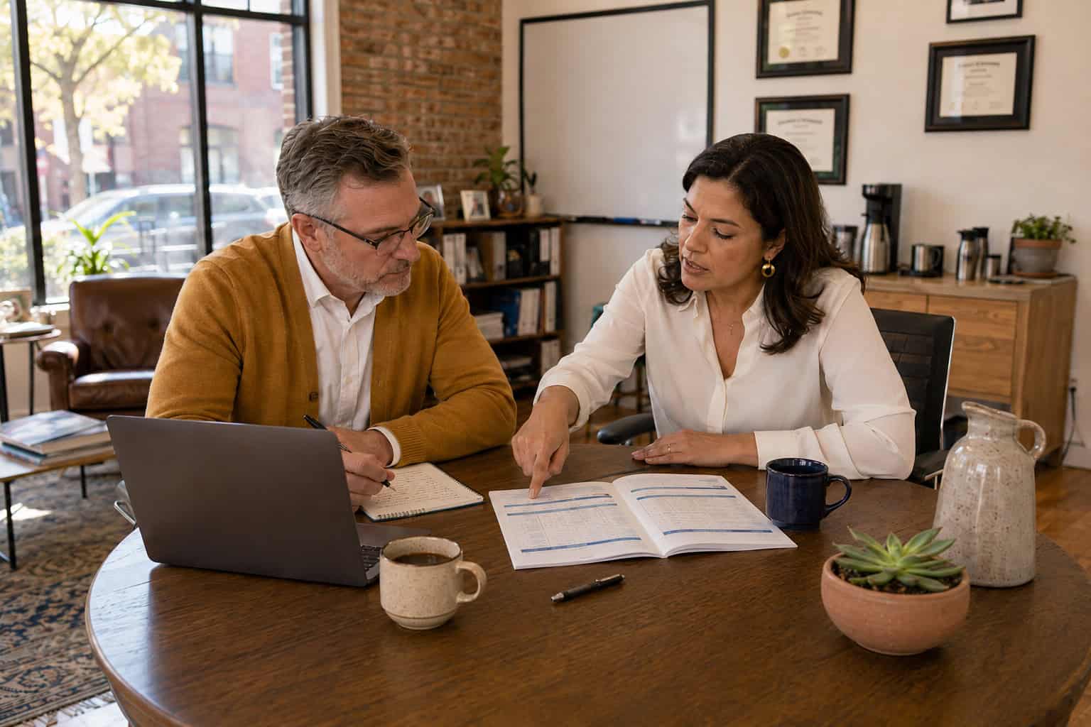 Illinois small business owners reviewing 2026 group health insurance options at an Oak Park office conference table
