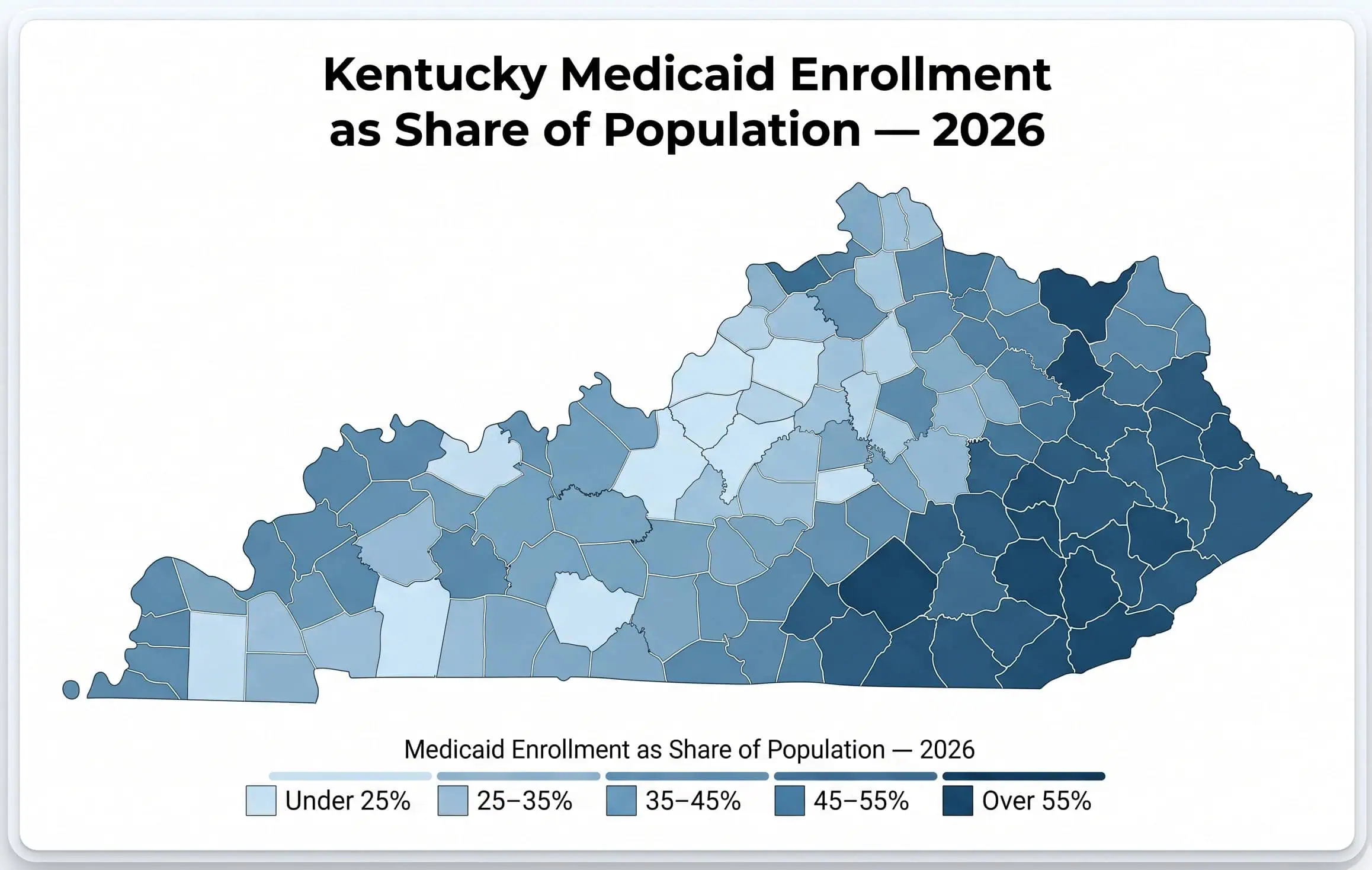 Kentucky Medicaid enrollment by county — from 17.9% in Spencer County to 68.8% in Owsley County, 2026.