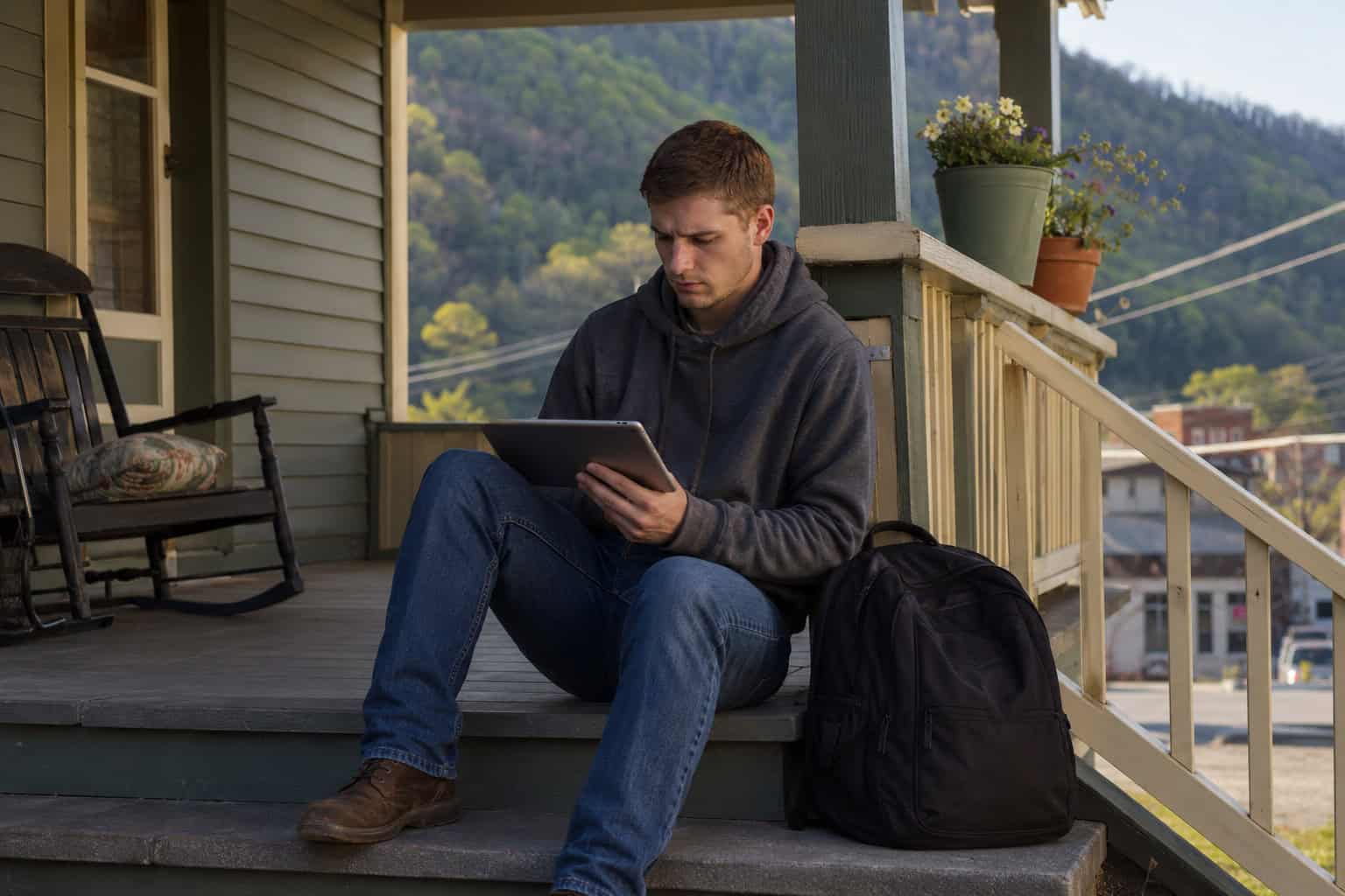 Pikeville resident reviewing 2026 short-term health insurance options in Kentucky from his front porch.