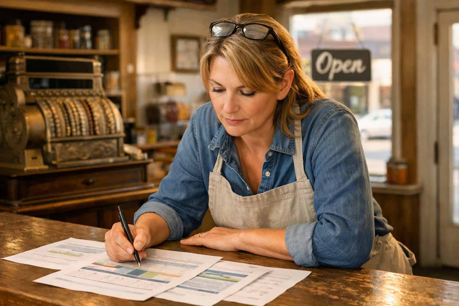 Paducah small business owner reviewing 2026 group health insurance options for her employees at the shop counter.