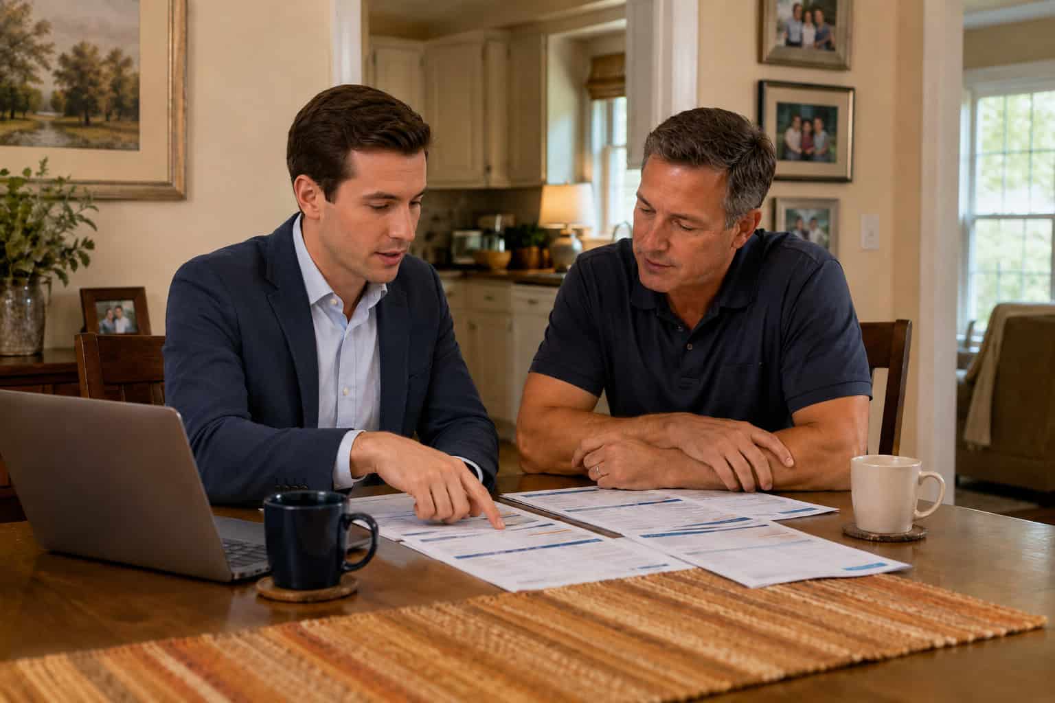  Short term health insurance Louisiana — Lake Charles father and son reviewing 2026 bridge coverage options at the dining table