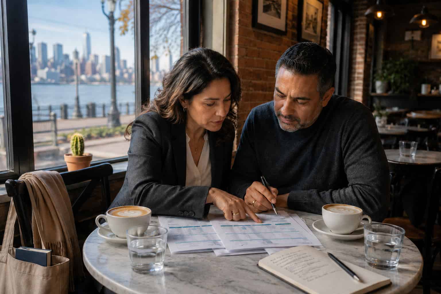 Latina couple in their late 40s reviewing 2026 New Jersey health insurance plan options at a Hoboken cafe table