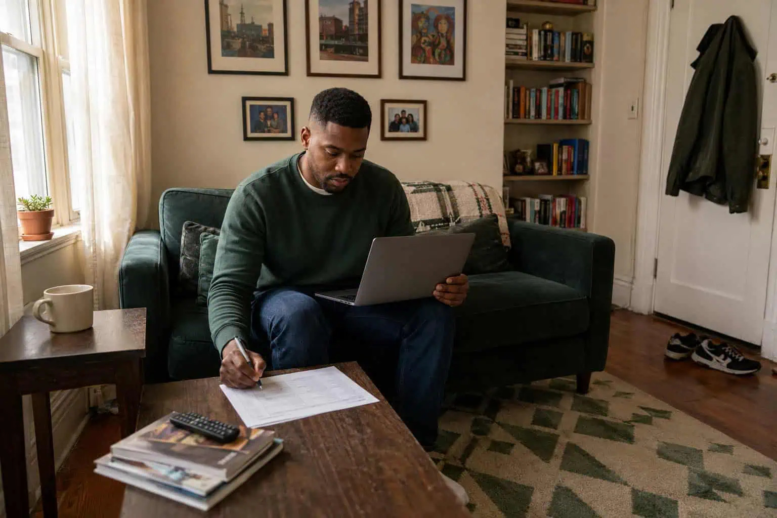 Black man in his early 30s on a Newark living room couch reviewing 2026 NJ health insurance cost and savings options on a laptop