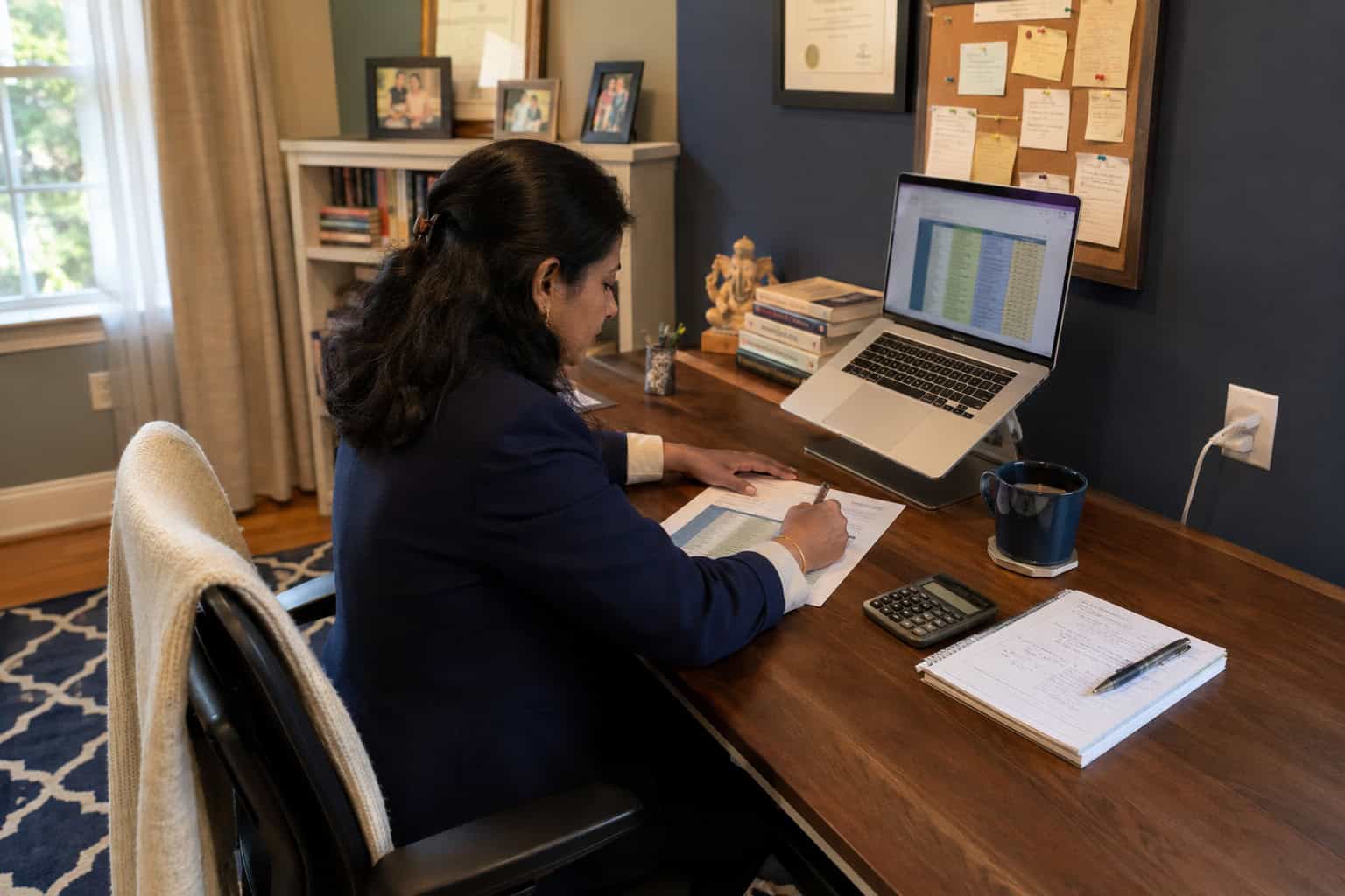  South Asian woman in her early 40s at an Edison home office desk comparing 2026 individual health insurance options on a laptop