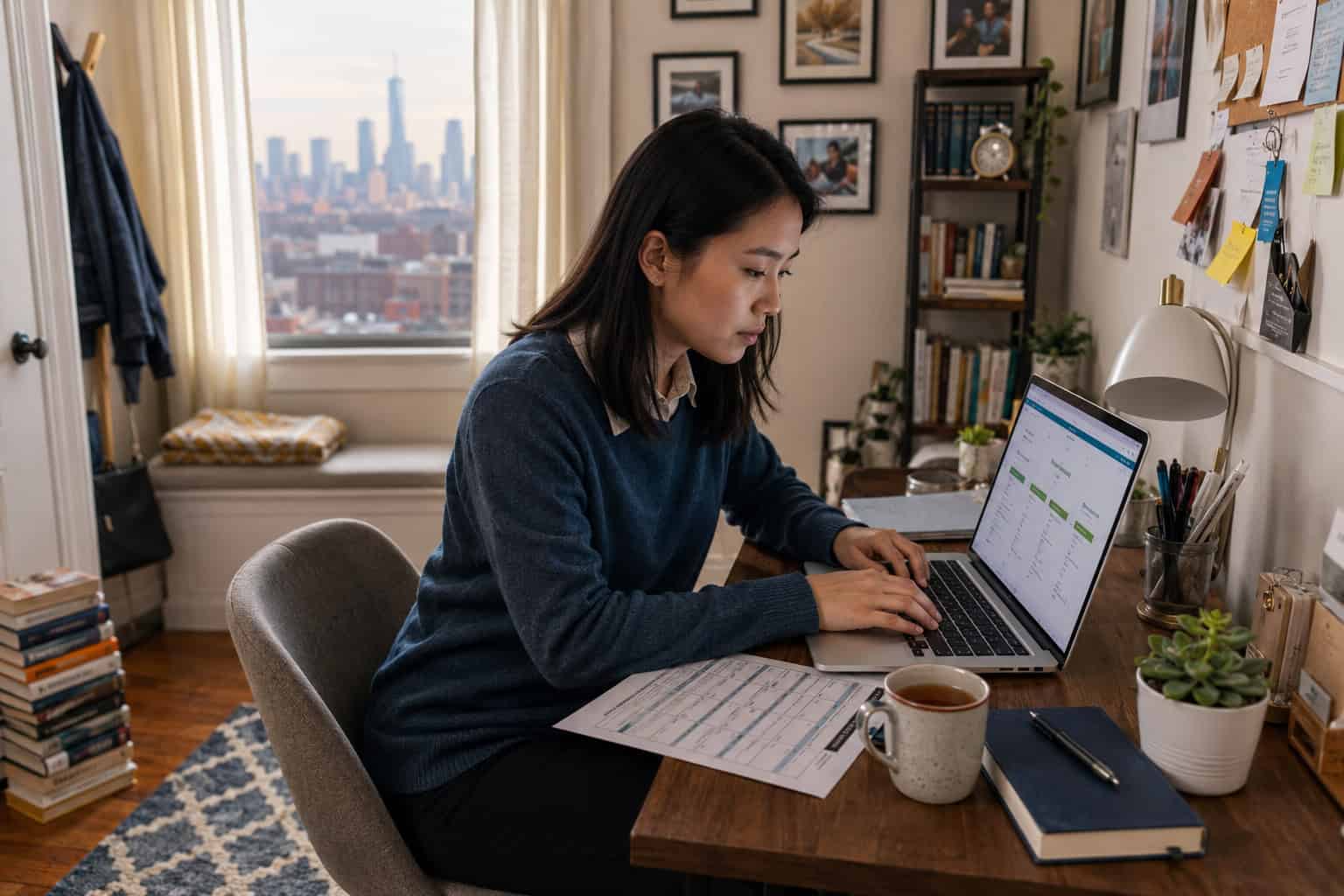 East Asian woman at a Jersey City apartment desk researching 2026 GetCoveredNJ marketplace plans on a laptop