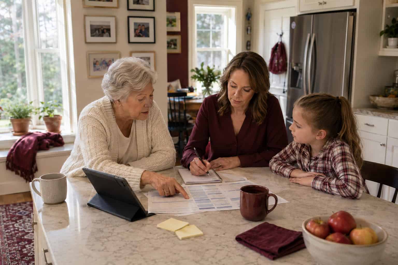 New Jersey multigenerational family at a Princeton kitchen island reviewing 2026 GetCoveredNJ plans together