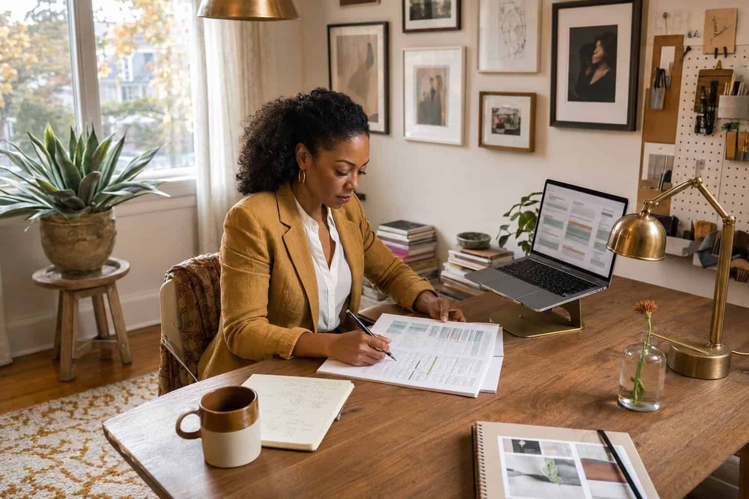 Black woman in her late 30s at a Montclair home studio desk reviewing 2026 NJ self-employed health insurance and tax options on a laptop
