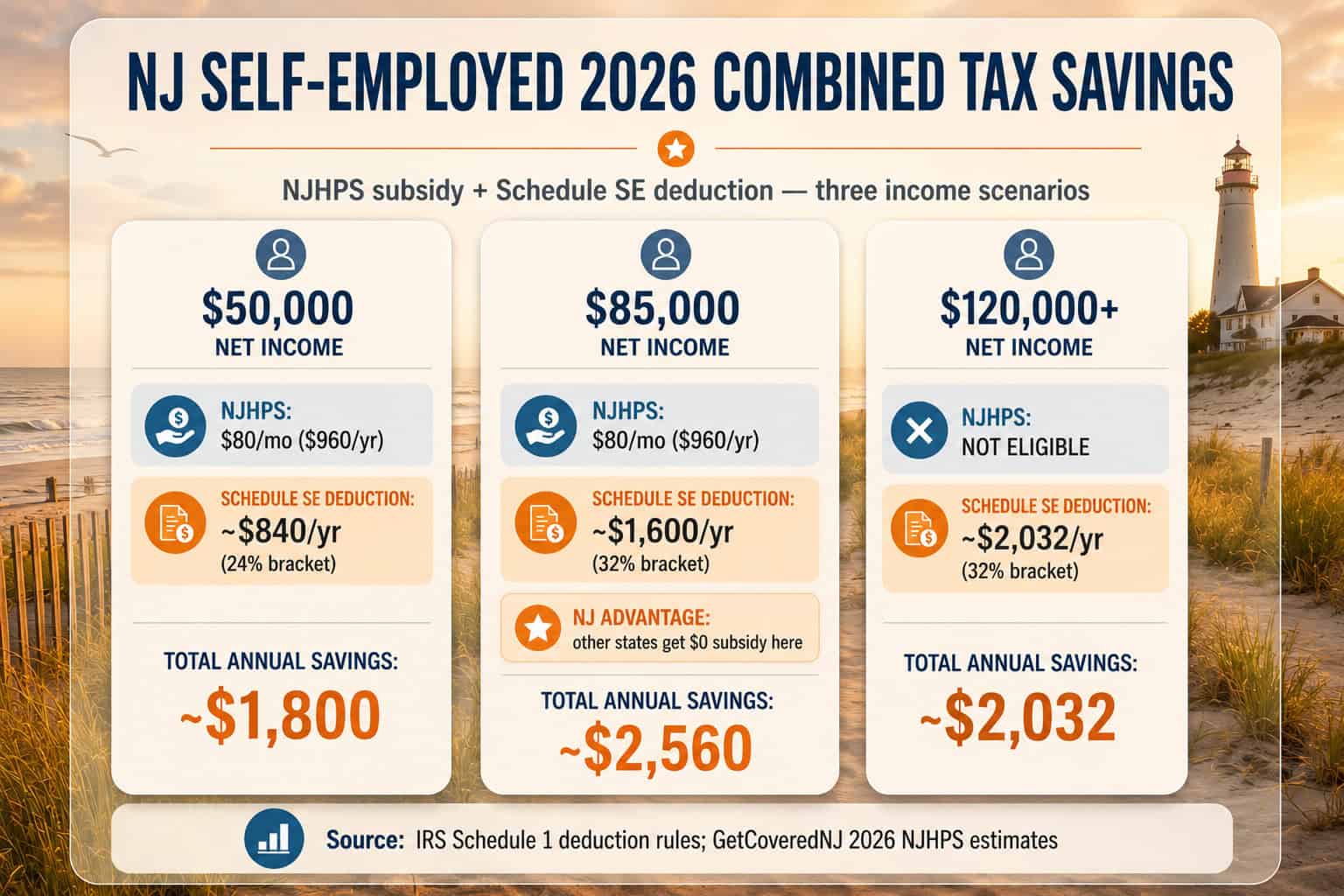 New Jersey 2026 self-employed health insurance tax savings diagram showing NJHPS and Schedule SE deduction combined savings at three income levels