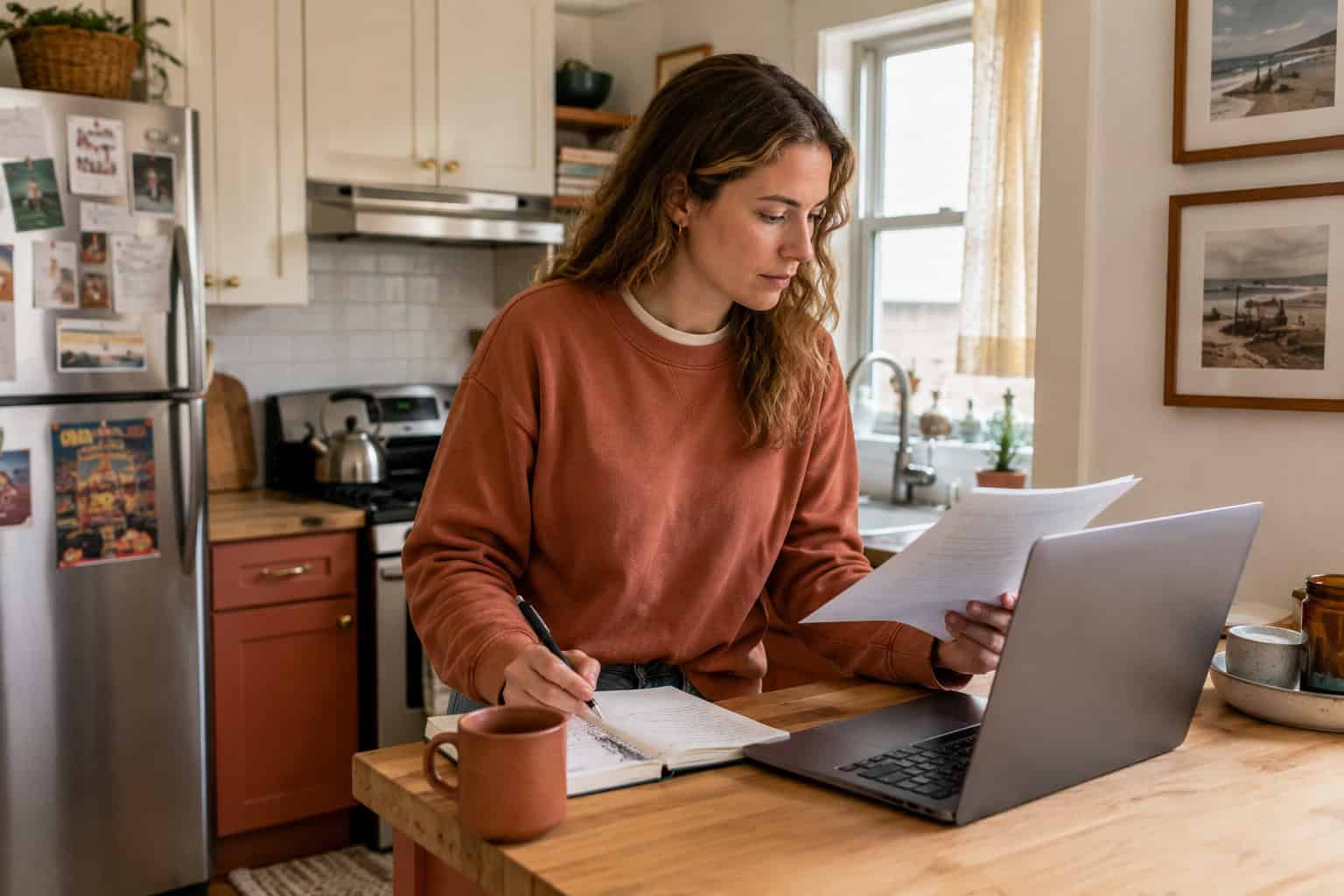 White woman in her late 20s at an Asbury Park kitchen counter researching 2026 NJ short-term coverage gap options on a laptop