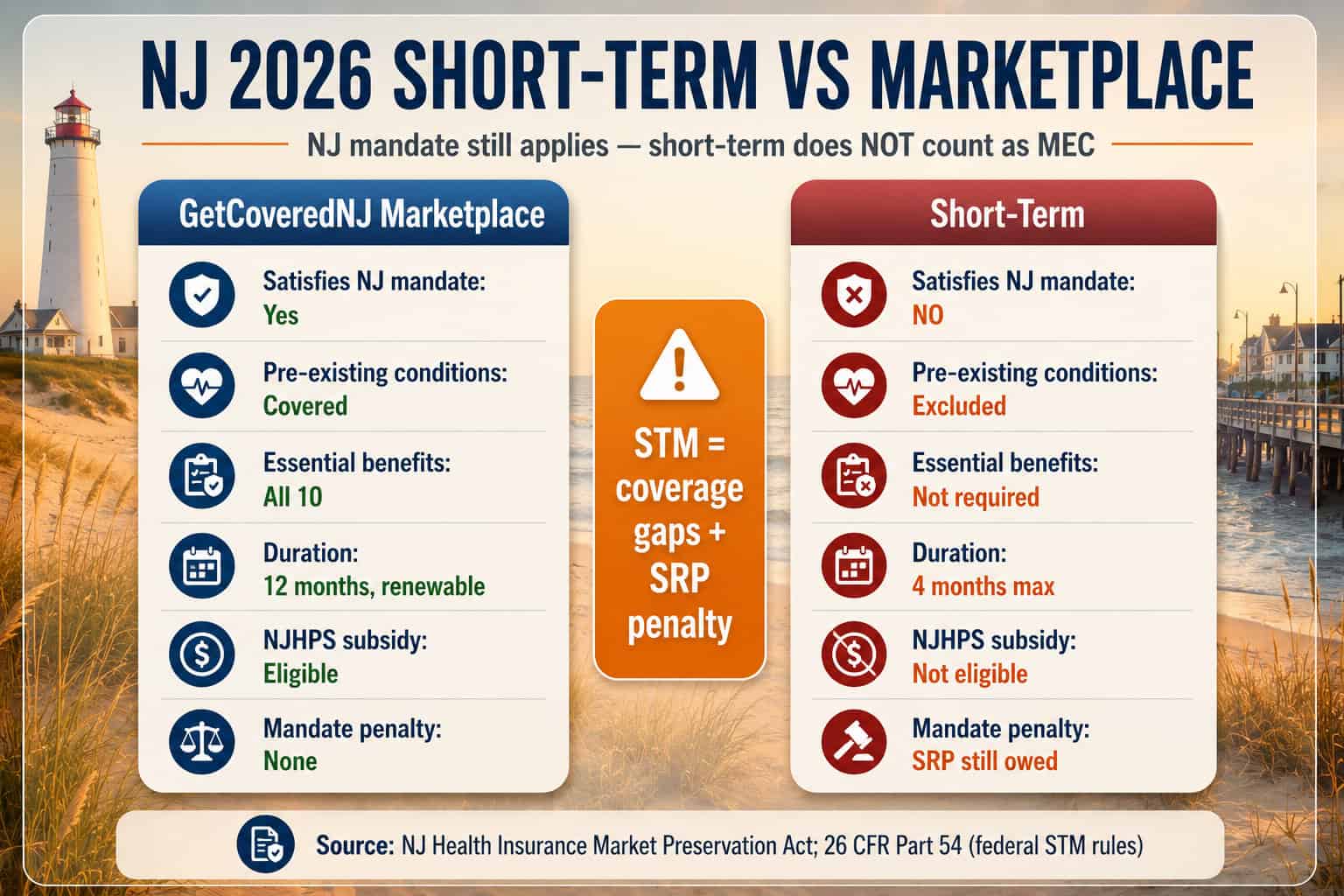 New Jersey 2026 short-term health insurance vs GetCoveredNJ marketplace comparison showing mandate status and coverage differences side by side