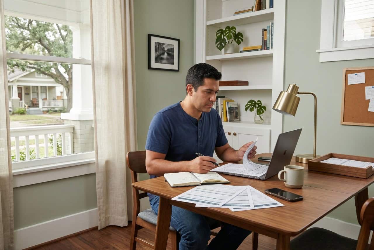 Houston Texas resident reviewing 2026 self-employed health insurance coverage options at a home office desk