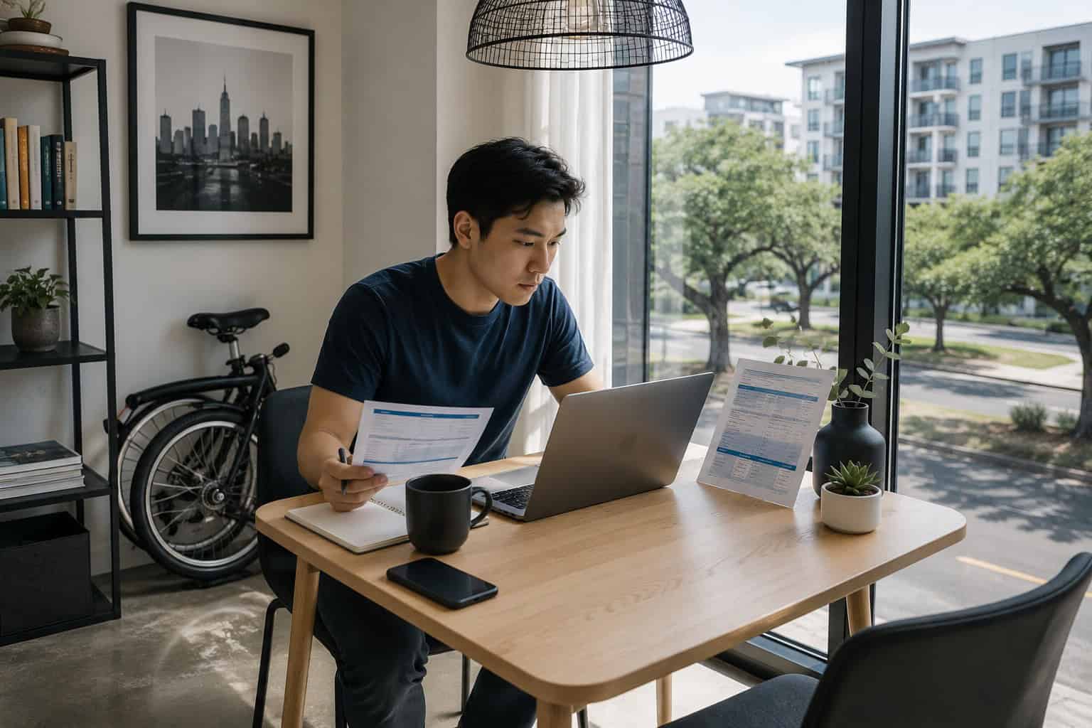 Austin Texas resident reviewing 2026 catastrophic health insurance options on a laptop in a modern apartment