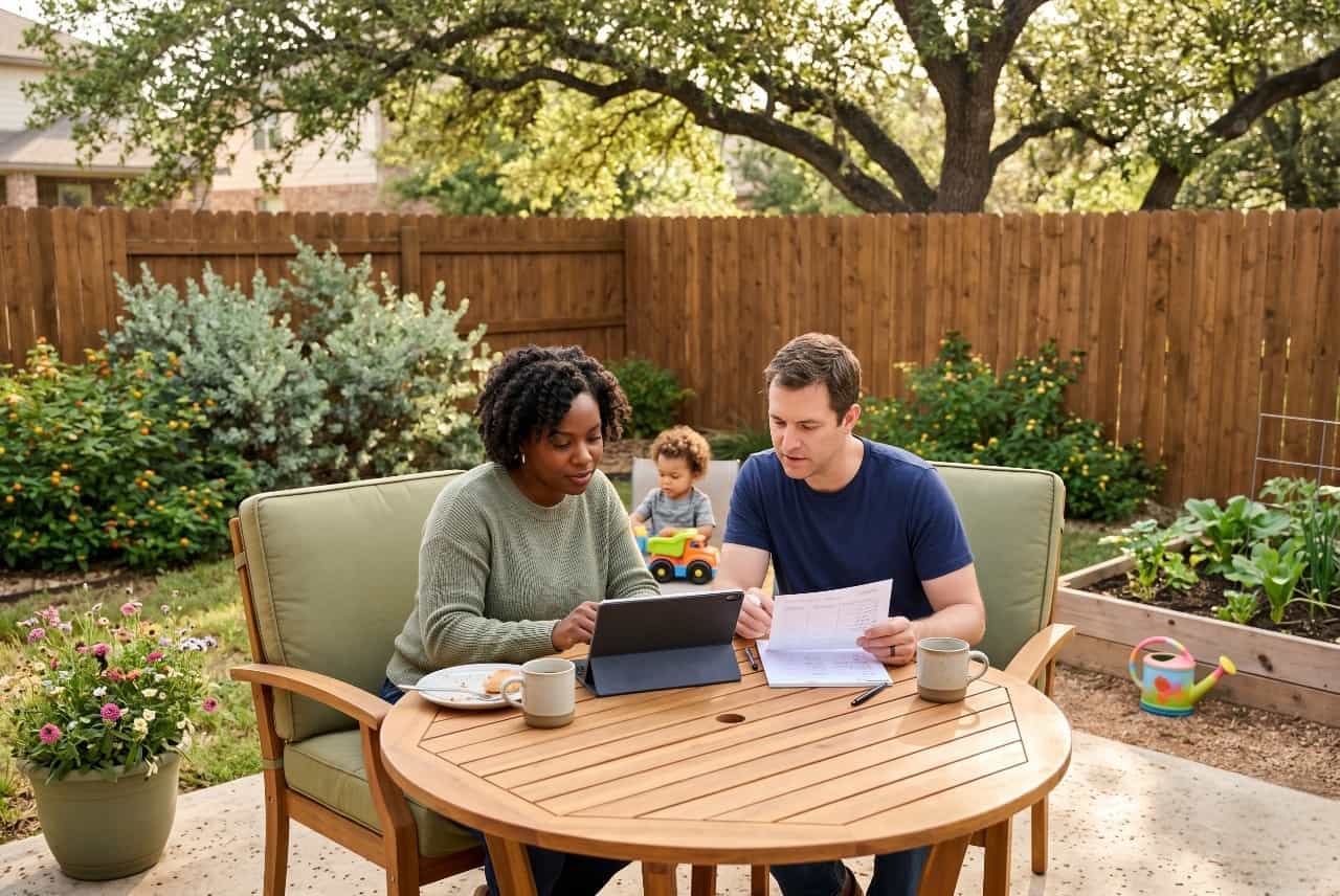 Austin Texas family reviewing 2026 health insurance plan options on a tablet at a backyard patio table