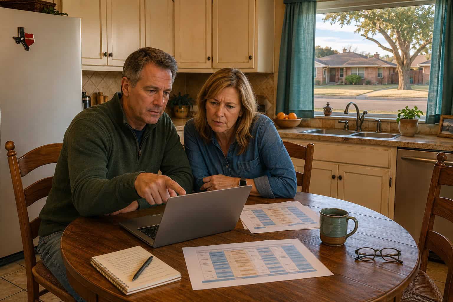 Lubbock Texas couple reviewing 2026 HealthCare.gov marketplace enrollment options on a laptop at a suburban kitchen table