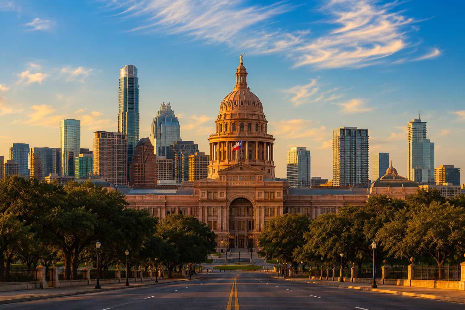 Texas State Capitol building dome in Austin with the downtown Austin skyline in the background at golden hour
