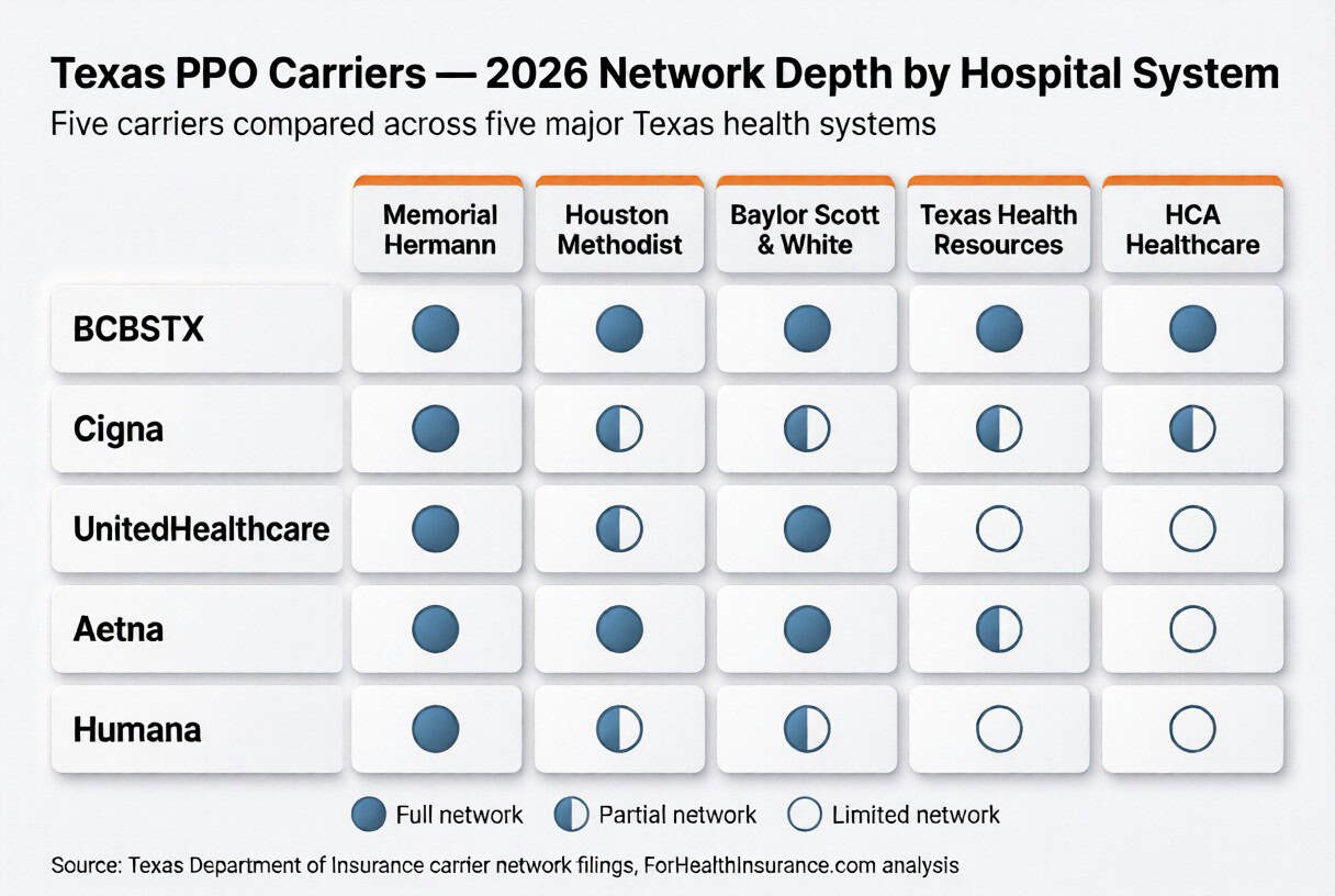 Texas 2026 PPO carrier network depth comparison across Memorial Hermann, Houston Methodist, Baylor Scott & White, Texas Health Resources, and HCA Healthcare