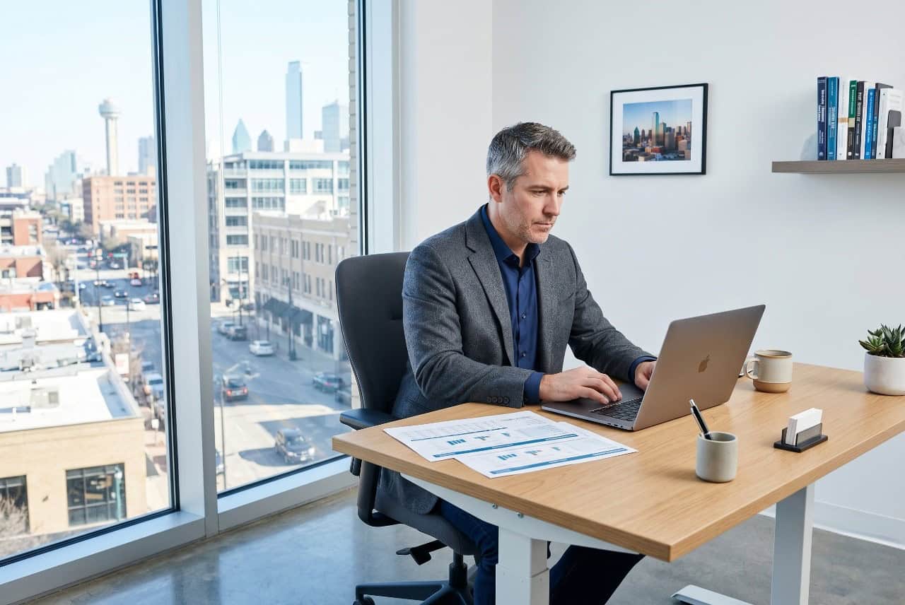Dallas Texas small business owner reviewing group health insurance plan options on a laptop in a modern office