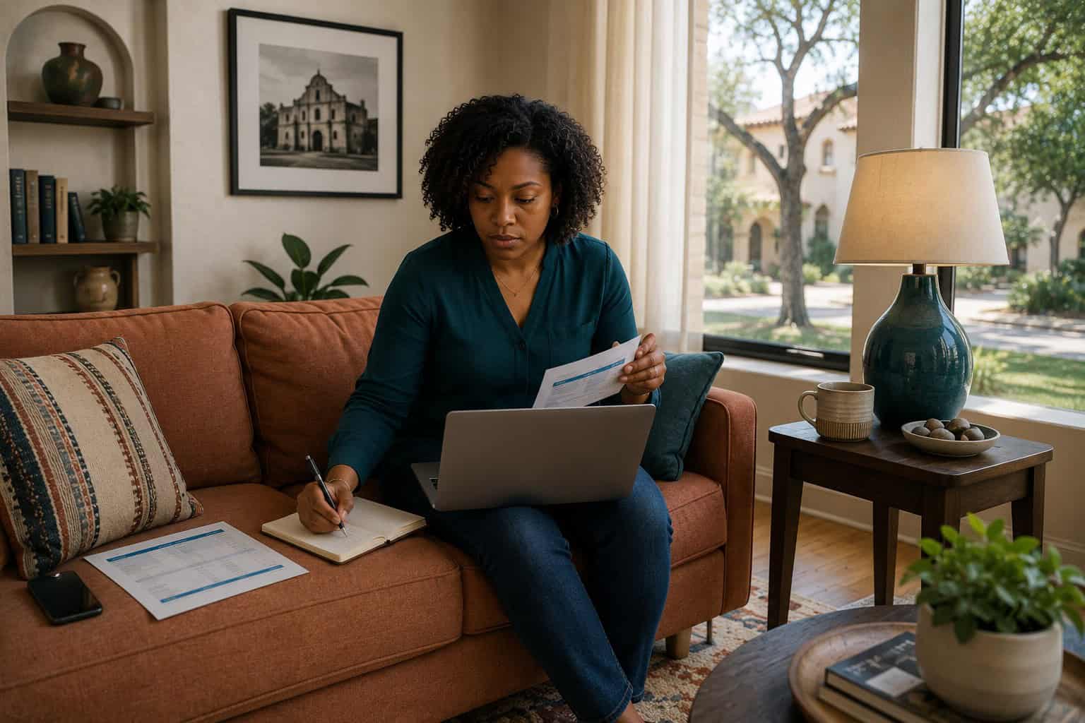  San Antonio Texas resident reviewing 2026 short-term health insurance bridge coverage options in a contemporary living room
