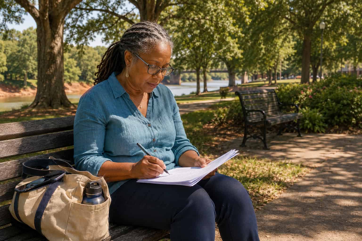 Alabama woman reviewing affordable health insurance options on a park bench in Tuscaloosa on a sunny afternoon