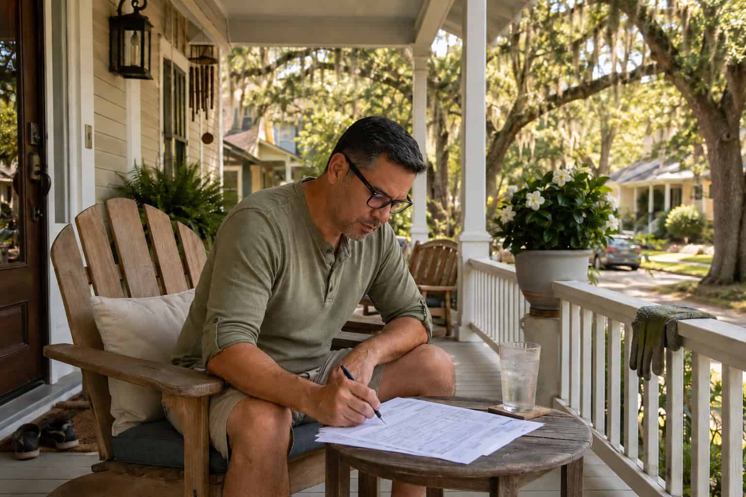 Alabama man reviewing health insurance plan options on a Mobile home porch on a warm afternoon in 2026