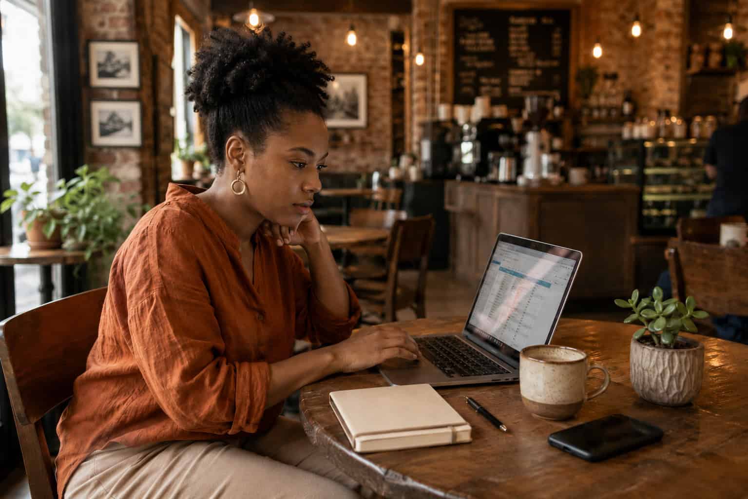 Self-employed Alabama freelancer reviewing individual health insurance options at a Birmingham coffee shop in 2026