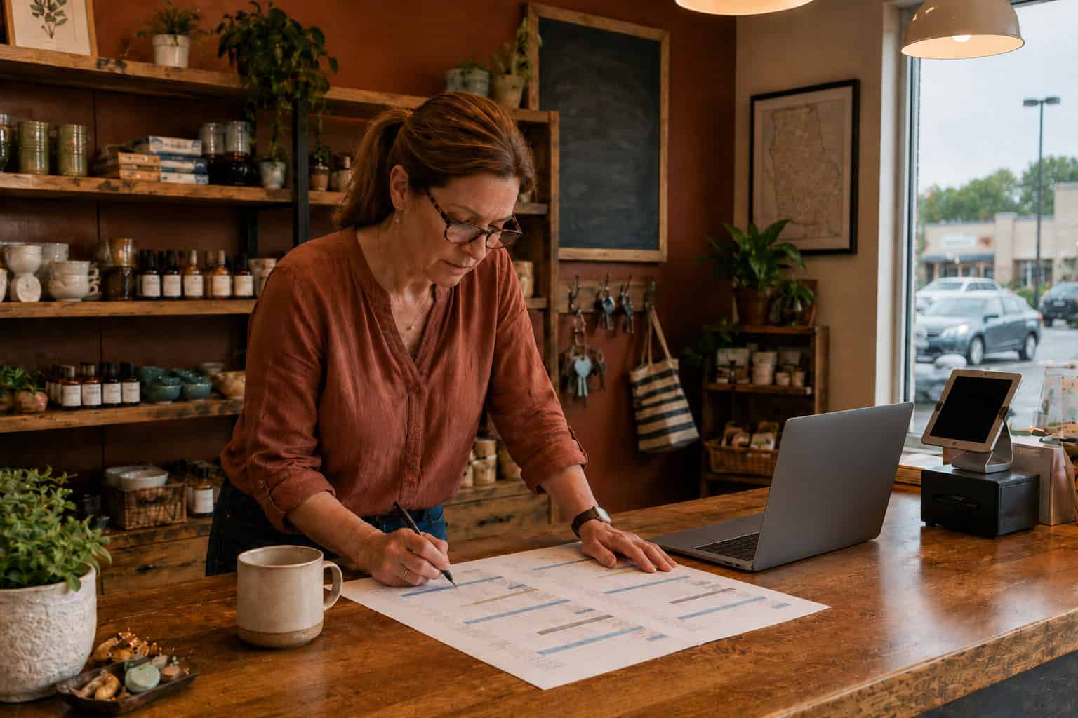 Alabama small business owner reviewing group health insurance plan options at her shop counter in Dothan in 2026